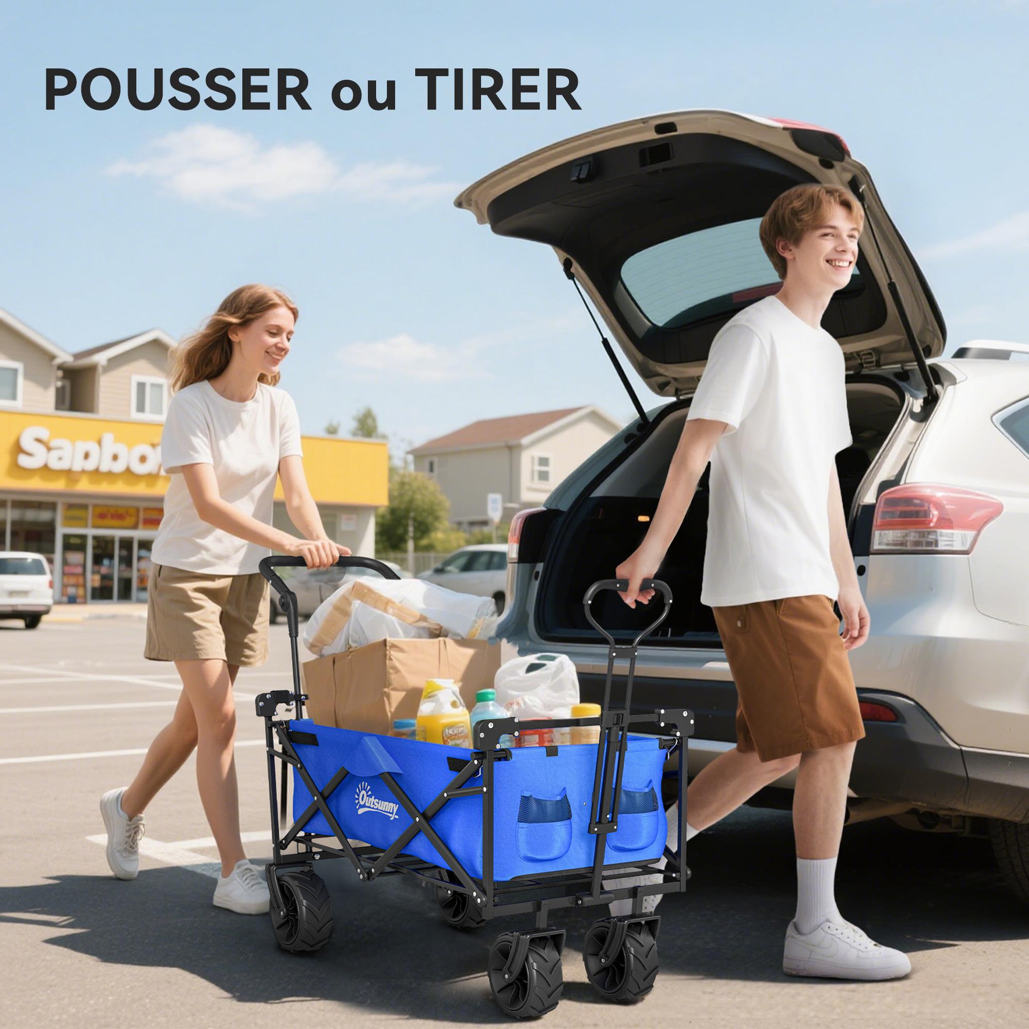 Voir la diapositive 5 : OUTSUNNY Chariot pliant avec toit, poignée, panier - chariot de plage - chariot de transport pliable tout-terrain métal noir oxford bleu