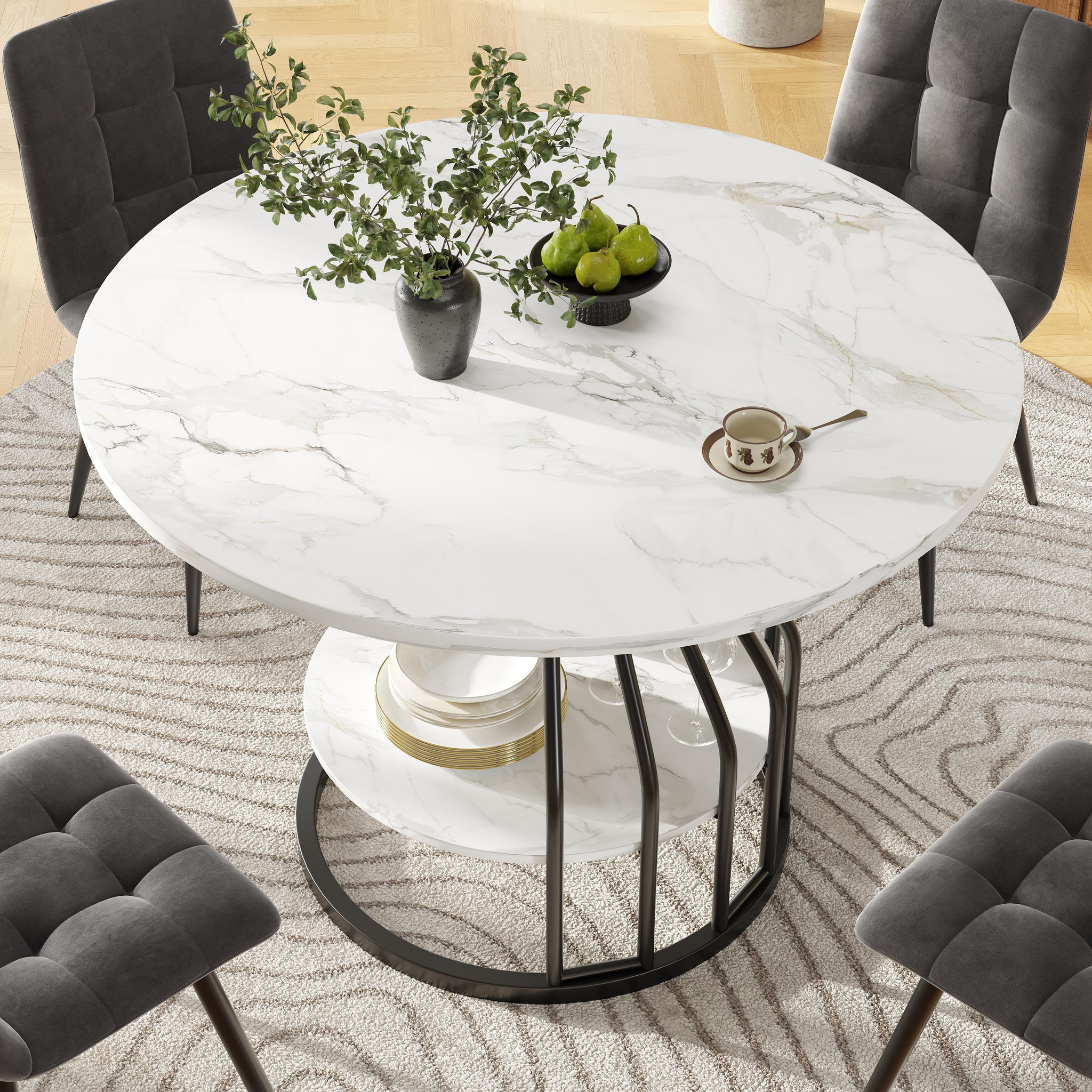 Voir la diapositive 4 : MERAX Table à manger ronde fixe blanc+noir - 80x80-80max.cm mdf