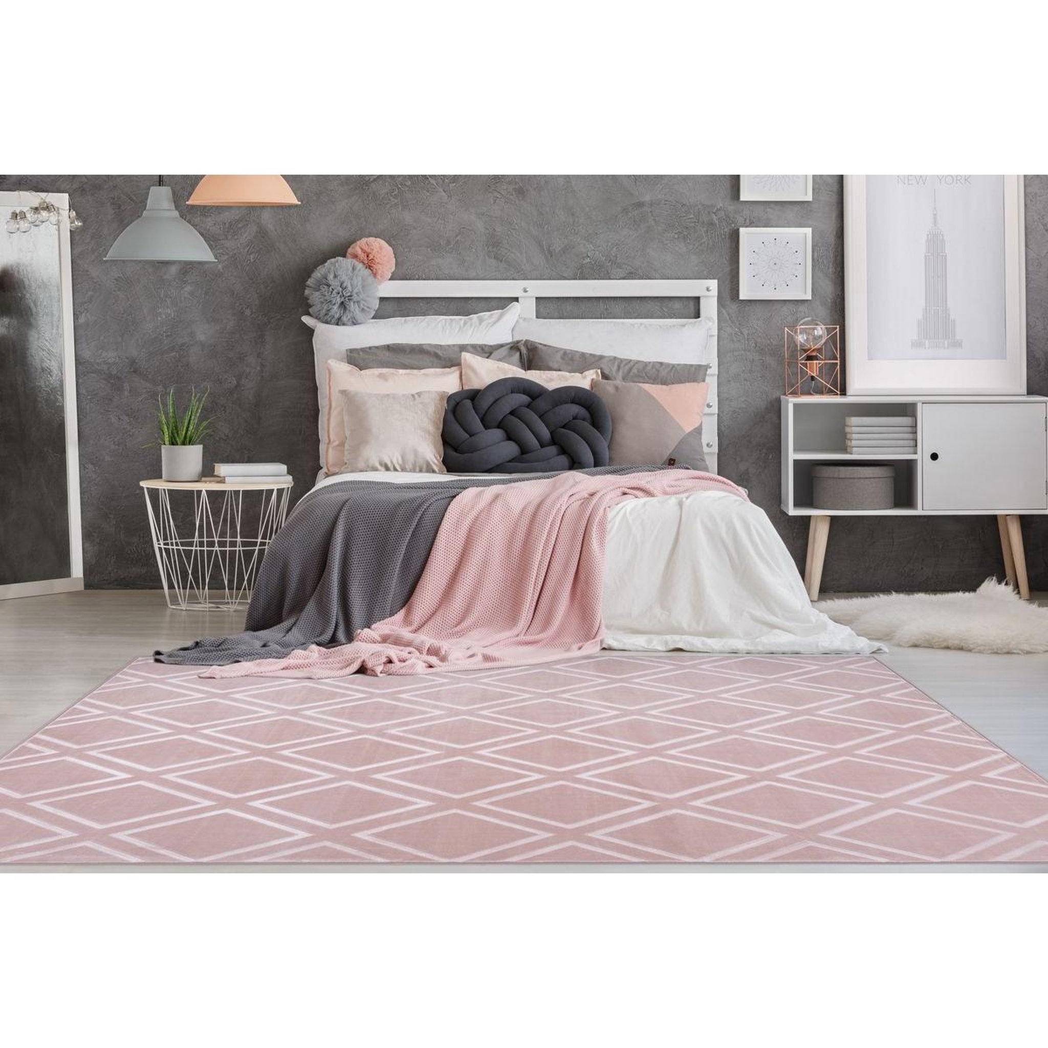 Voir la diapositive 2 : Paris Prix Tapis Imprimé Losange Fait Main  Monroe III  Rose