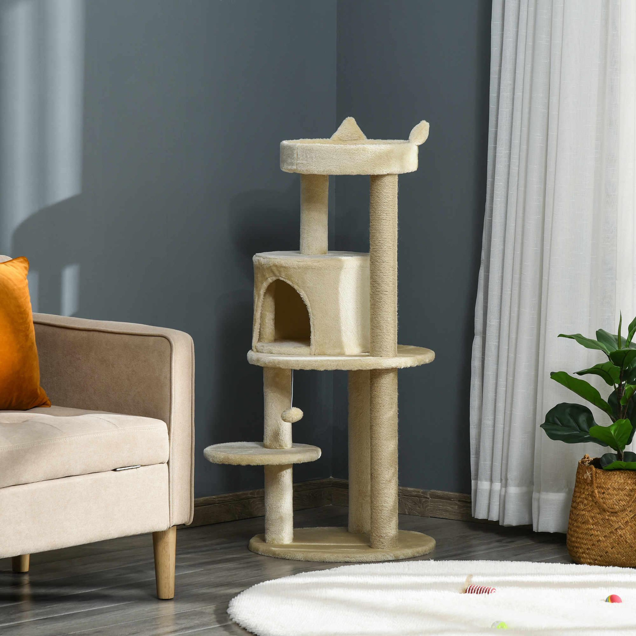 Voir la diapositive 2 : PAWHUT Arbre à chats multi-équipements griffoirs grattoirs plateformes niche jeu boule suspendue ø 48 x 104h cm beige