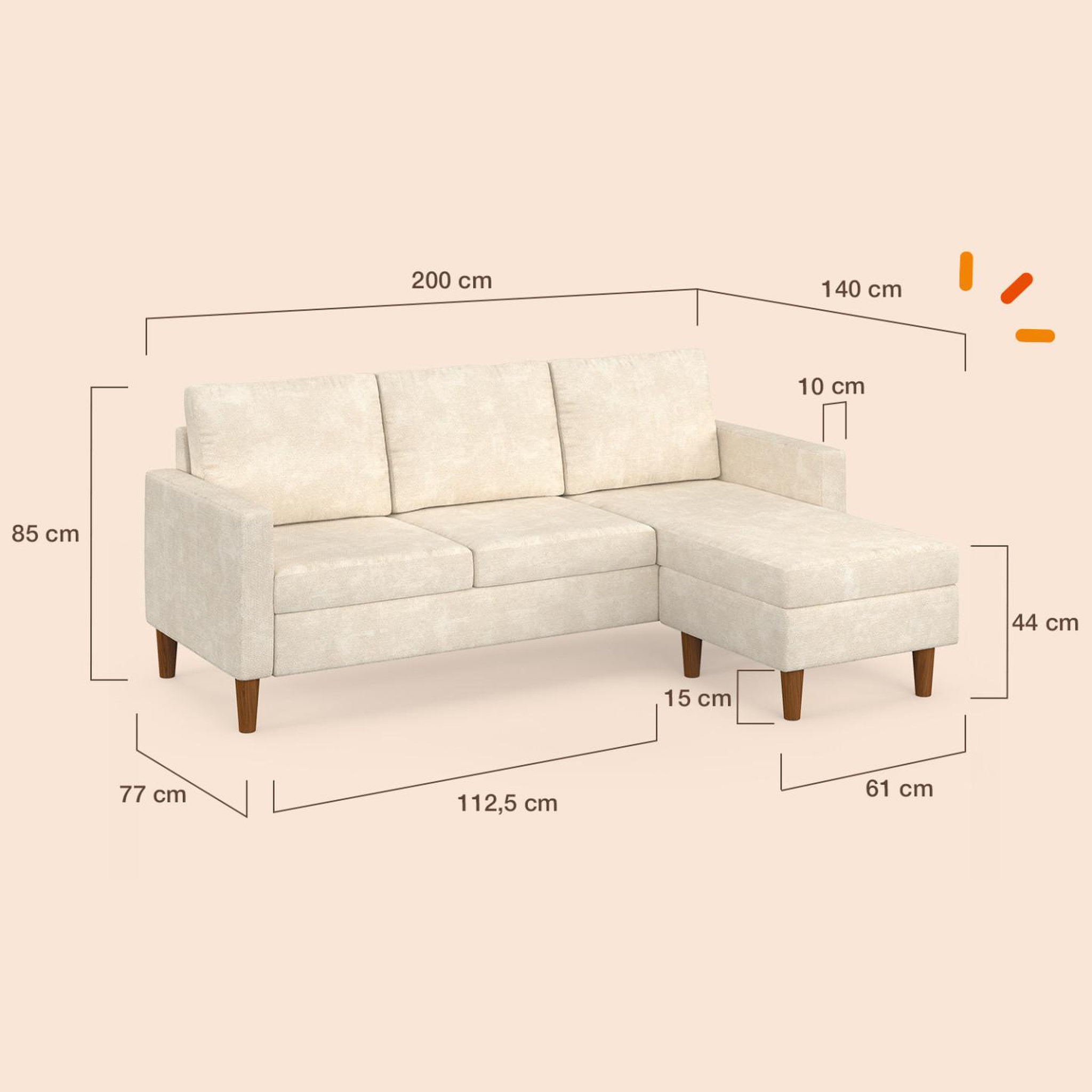 Voir la diapositive 5 : ID MARKET Canapé d'angle réversible 3 places marius 200 cm en tissu chenille beige