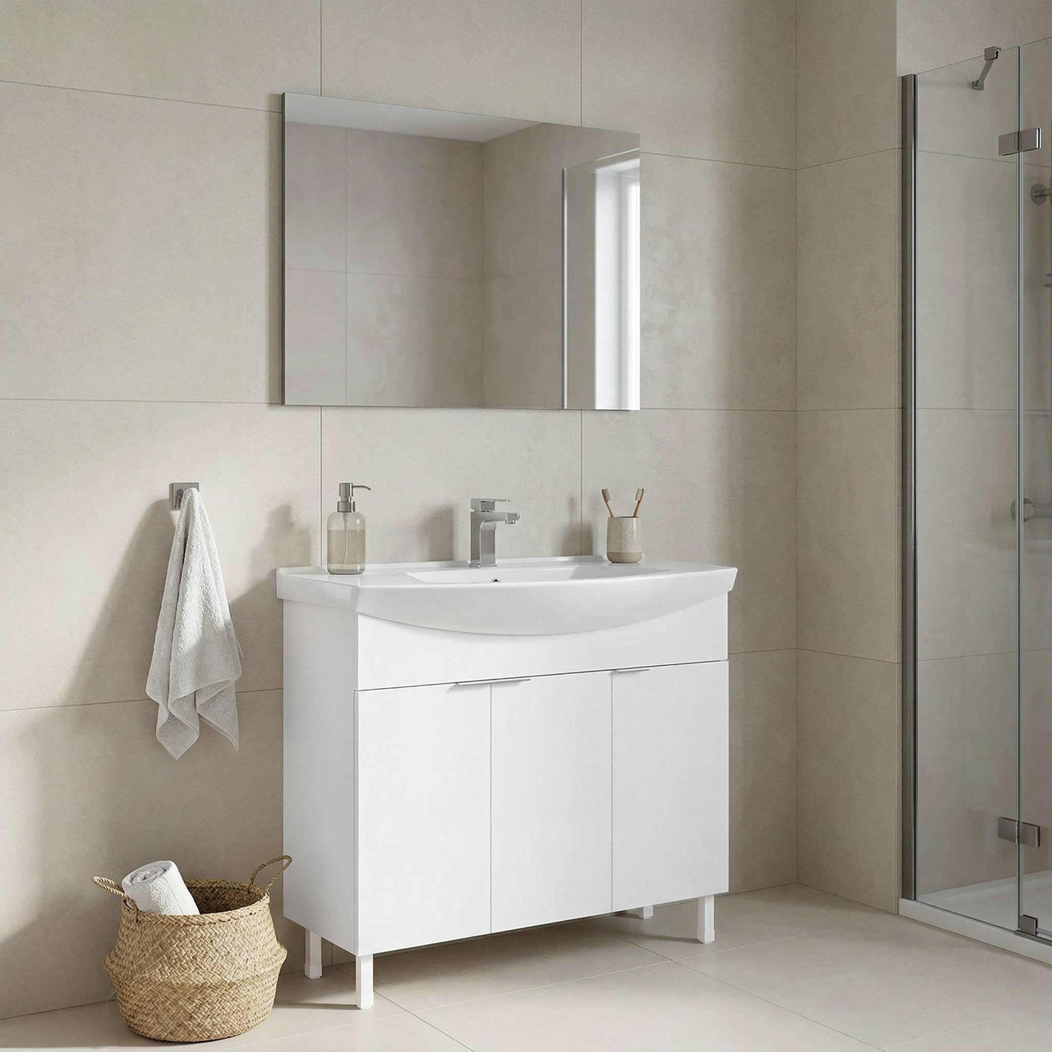 Voir la diapositive 2 : Habitat et Jardin Meuble avec simple vasque et miroir  Purus 100  - 100 x 50 x 83 cm - White
