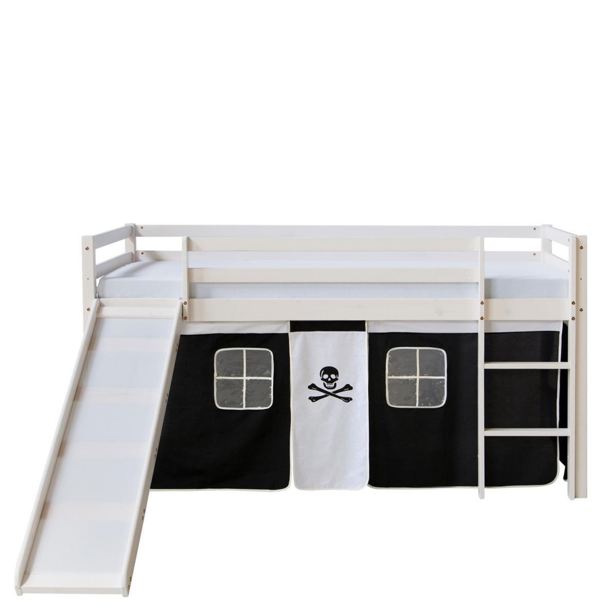 Voir la diapositive 2 : HomeStyle4U Lit Simple Blanc 90x200 en hauteur avec echelle et rideau Foncé et toboggan