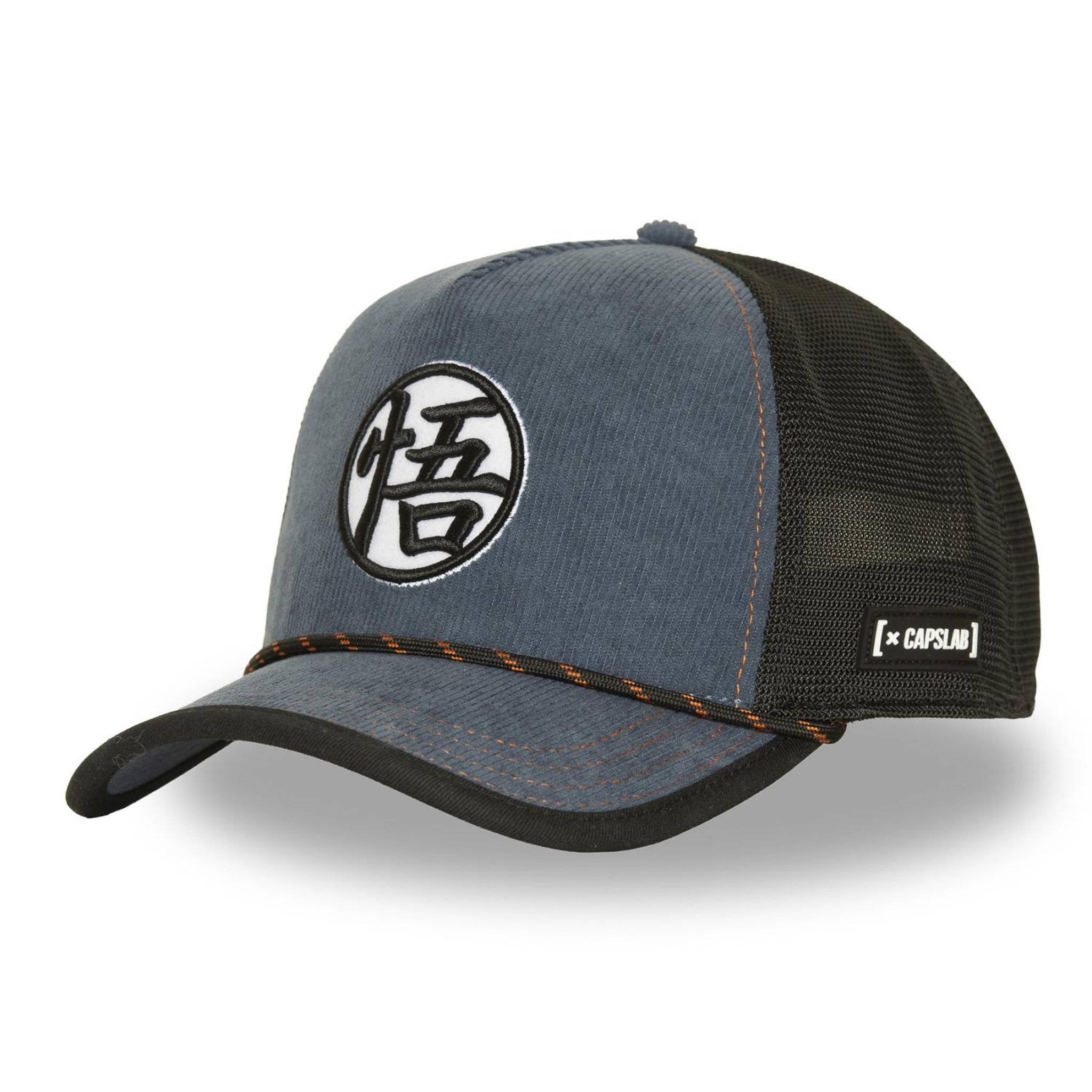 CAPSLAB Casquette trucker avec filet et patch dragon ball super symbol. Coloris disponibles : Bleu
