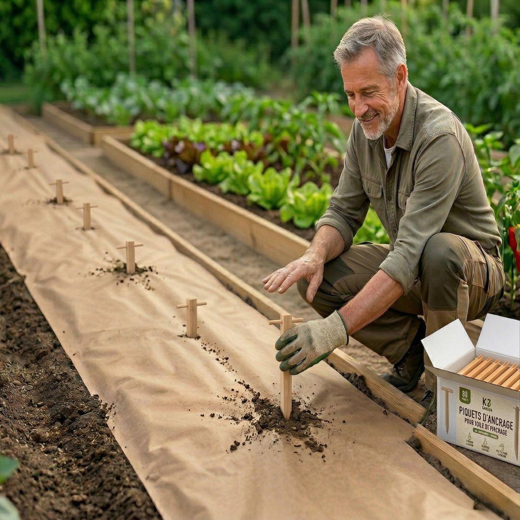 Voir la diapositive 3 : KZ GARDEN Lots de 60 piquets de fixation bois peuplier toile de paillage - ancrage sol jardin potager, fixation bâche paillage kz garden