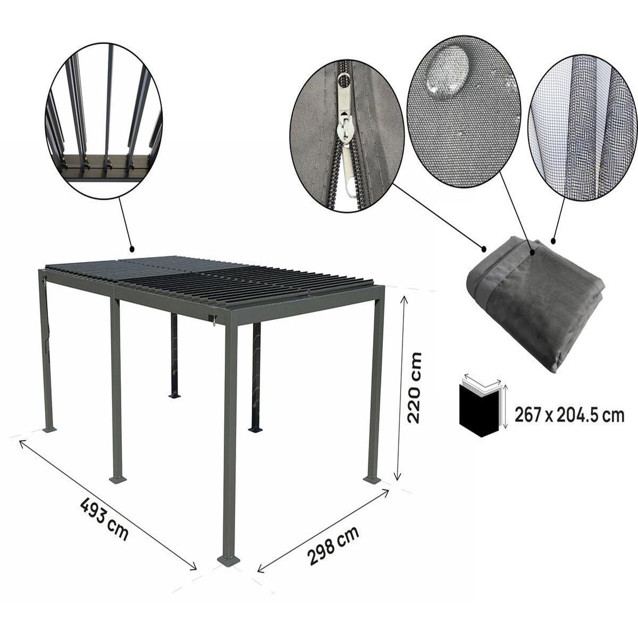 Voir la diapositive 3 : Habitat et Jardin Pergola bioclimatique en aluminium avec rideau et moustiquaire  Kensington  - 3 x 5 m - Gris