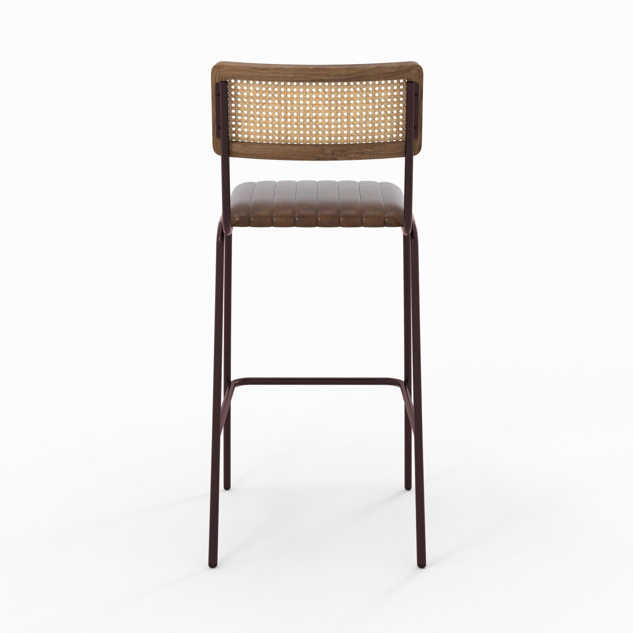 Voir la diapositive 3 : MAISON PAVANE Lot de 2 chaises de bar 76 cm en cannage et cuir marron-Arsène