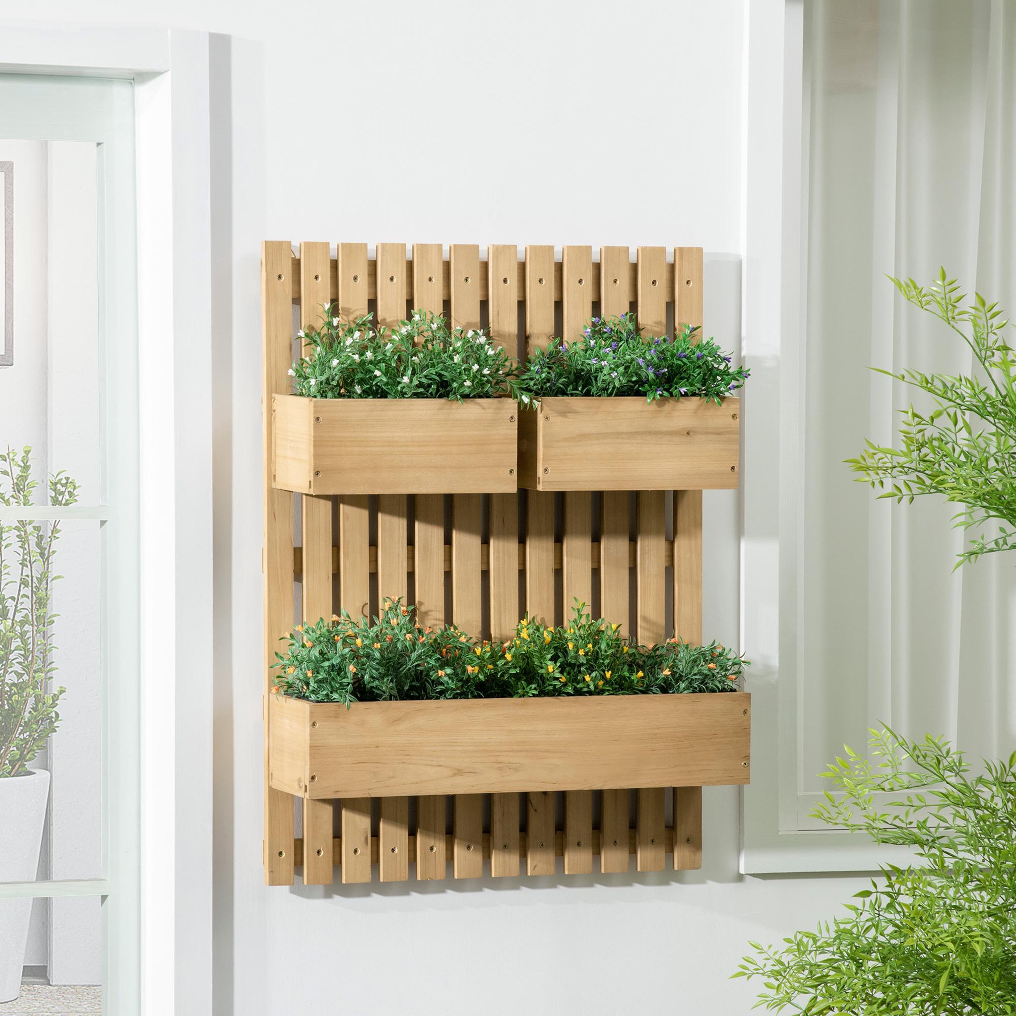 Voir la diapositive 2 : OUTSUNNY Jardinière murale avec treillis - lot de 3 jardinières murales - dim. 60L x 16l x 80H cm - bois sapin pré-huilé