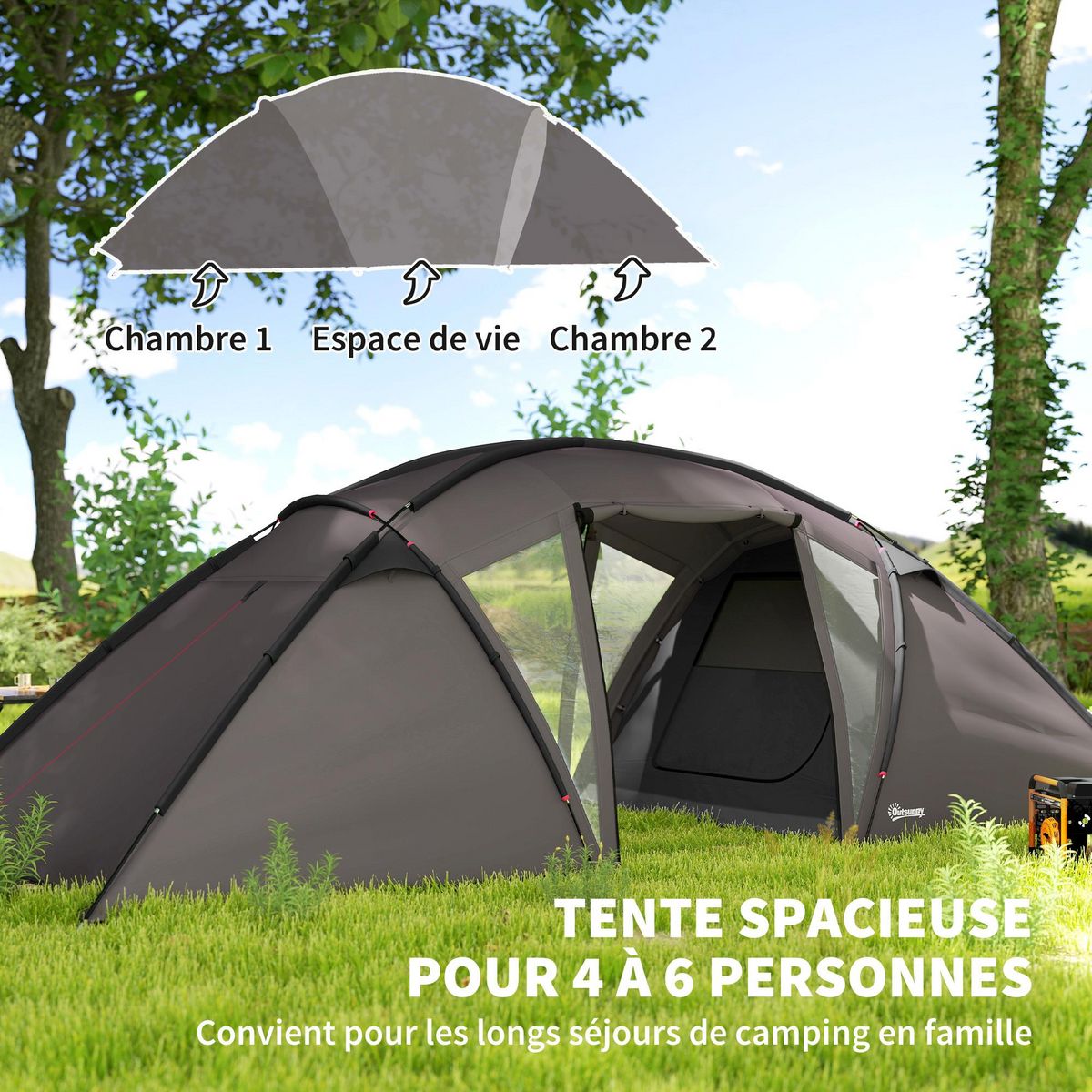 OUTSUNNY Tente camping 6 places - tente tunnel familiale - imperméabilité 3000mm - dim. 6,15 x 2,35 x 1,95 m - sac inclus - gris
