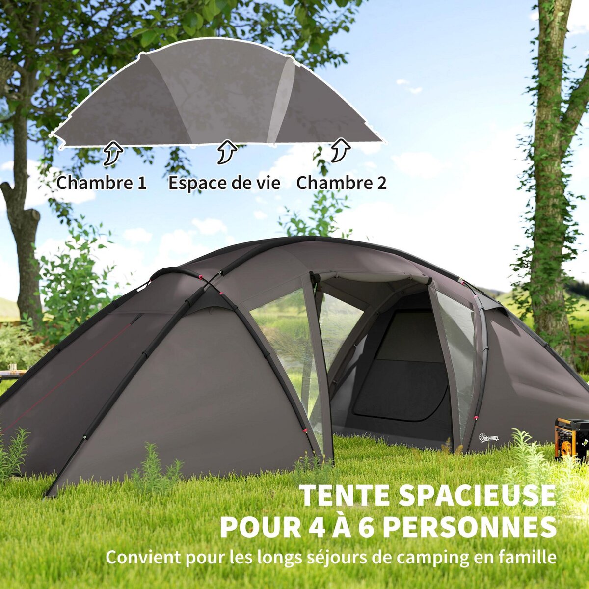 OUTSUNNY Tente camping 6 places - tente tunnel familiale - imperméabilité 3000mm - dim. 6,15 x 2,35 x 1,95 m - sac inclus - gris
