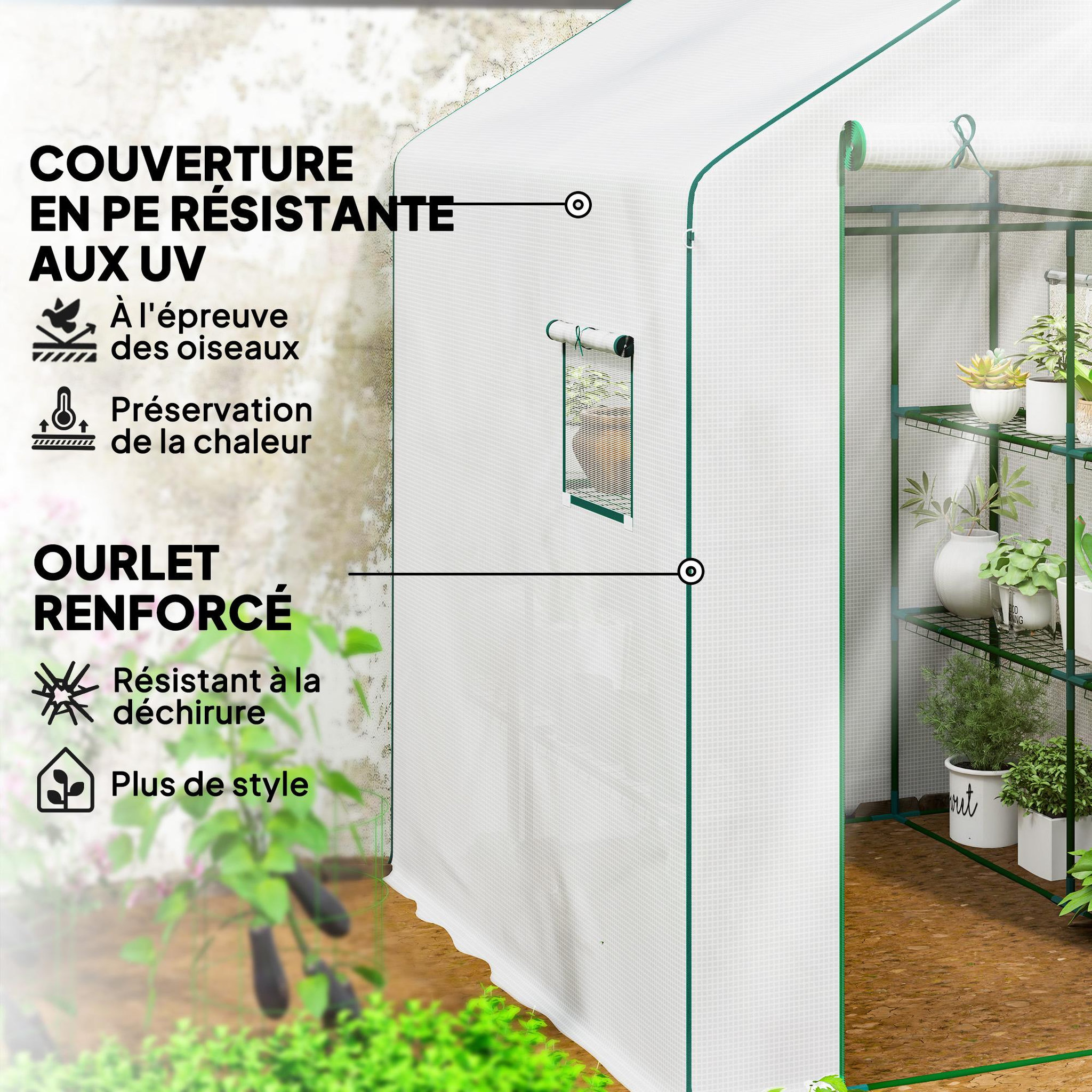 Voir la diapositive 5 : OUTSUNNY Serre de jardin 4 tablettes dim. 1,4l x 1,43l x 1,9h m porte déroulante fenêtre acier pe haute densité blanc