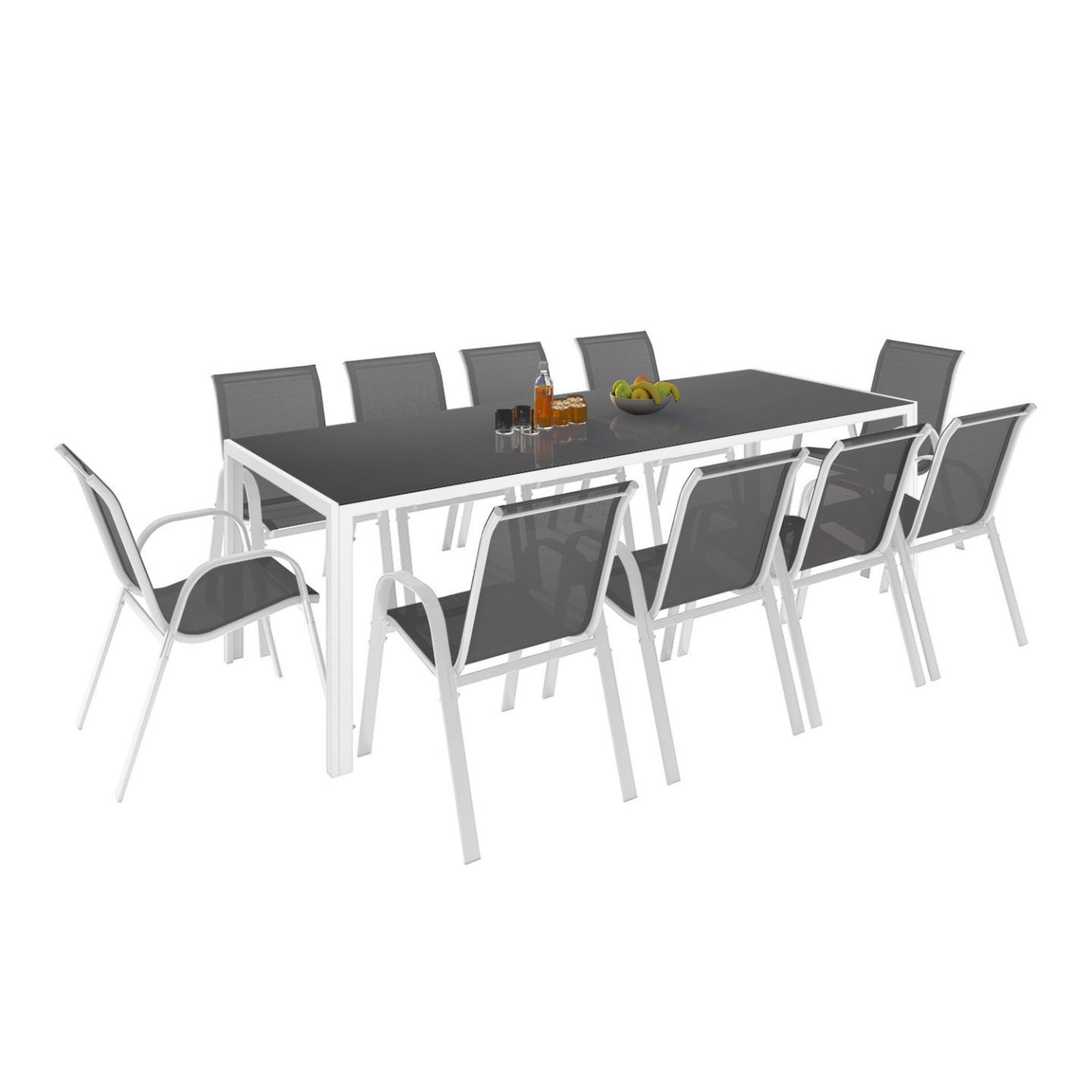 ID MARKET Salon de jardin madrid table 240 cm et 10 chaises empilables blanc et gris