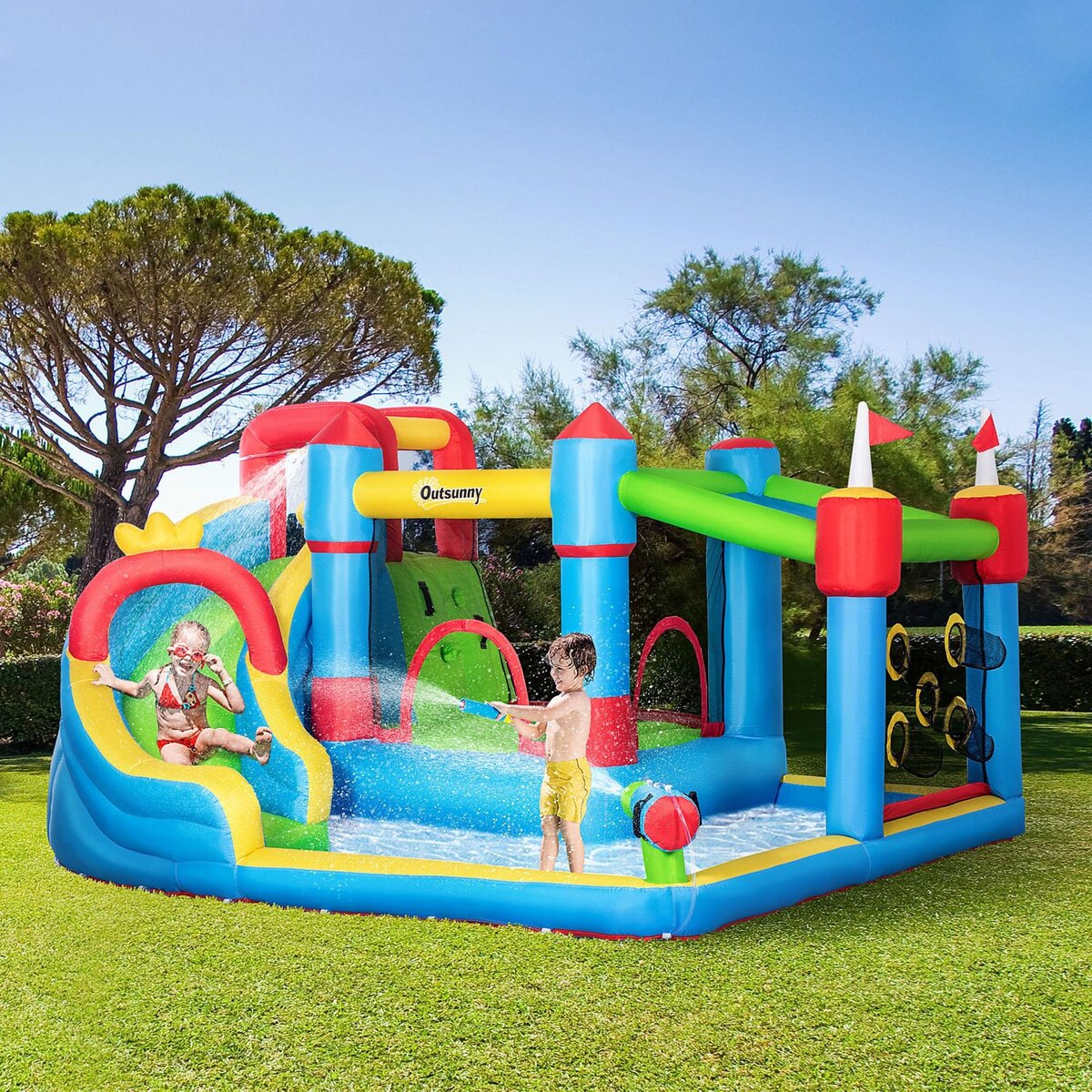 OUTSUNNY Château gonflable structure gonflable aire de jeux 3-8 ans avec gonfleur et sac de transport 390 x 300 x 197 cm - multicolore