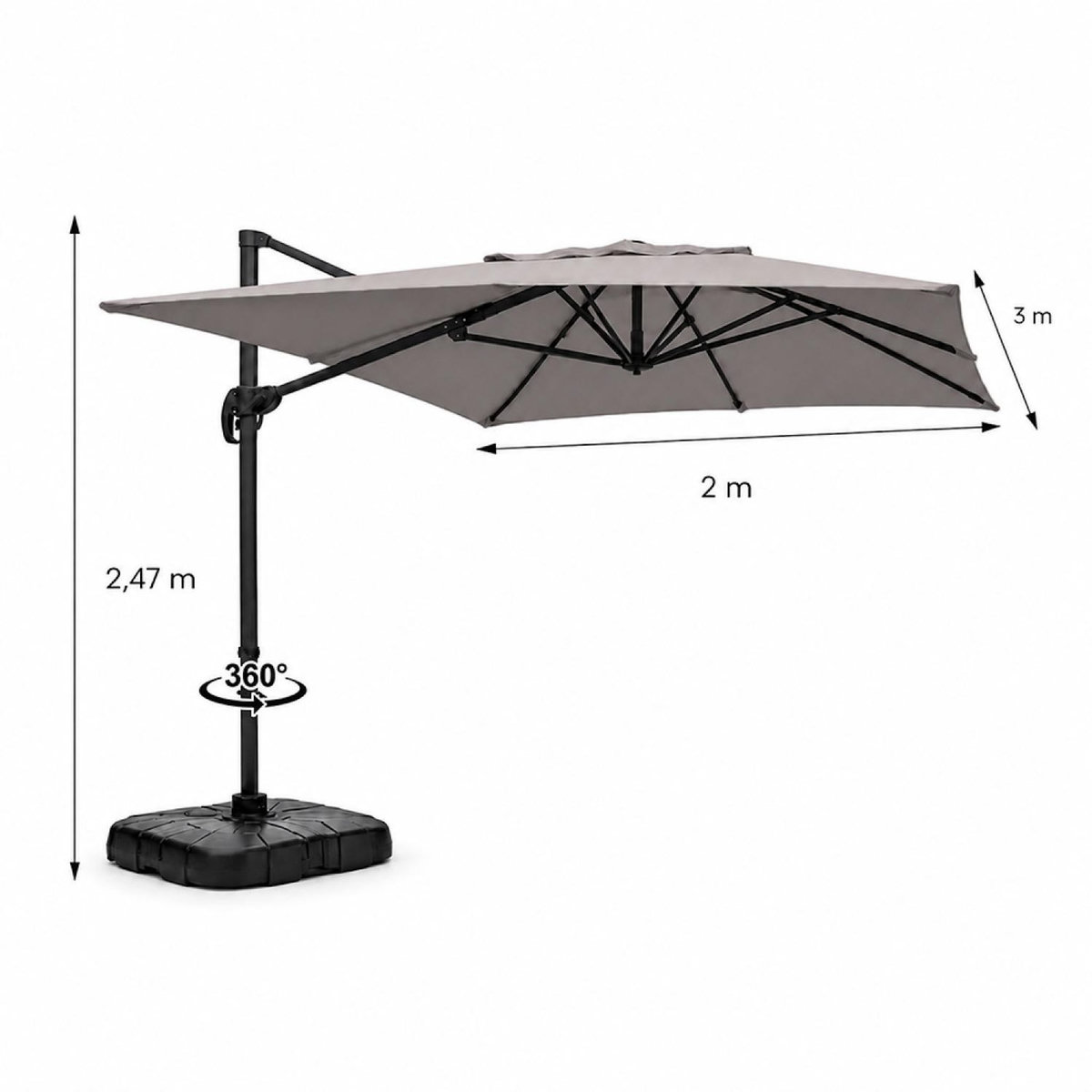CONCEPT USINE Parasol rectangulaire 2x3m déporté rotatif gris PIANA