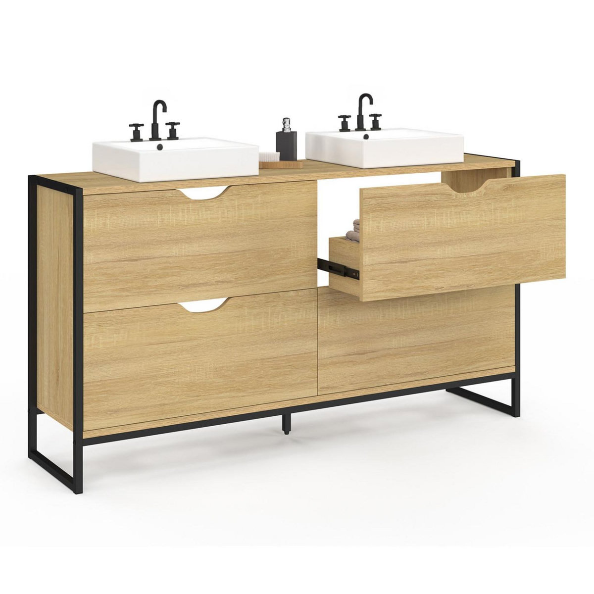 ID MARKET Meuble double vasque salle de bain DETROIT 4 tiroirs design industriel