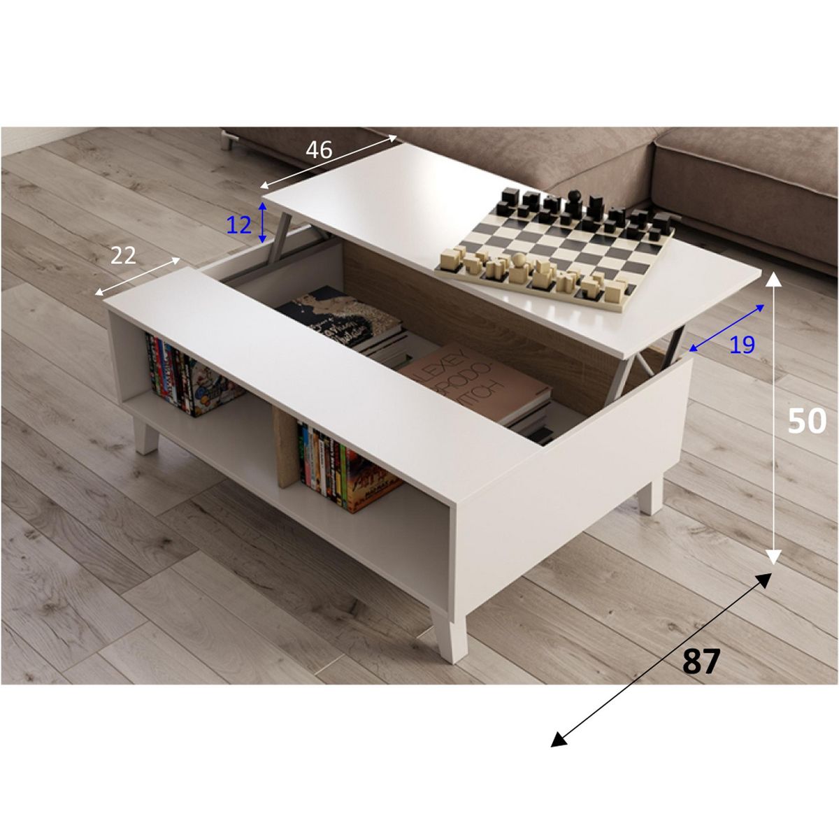 VS VENTA-STOCK Table Basse Relevable Kira Couleur Chêne/Blanc, 100 cm Largeur
