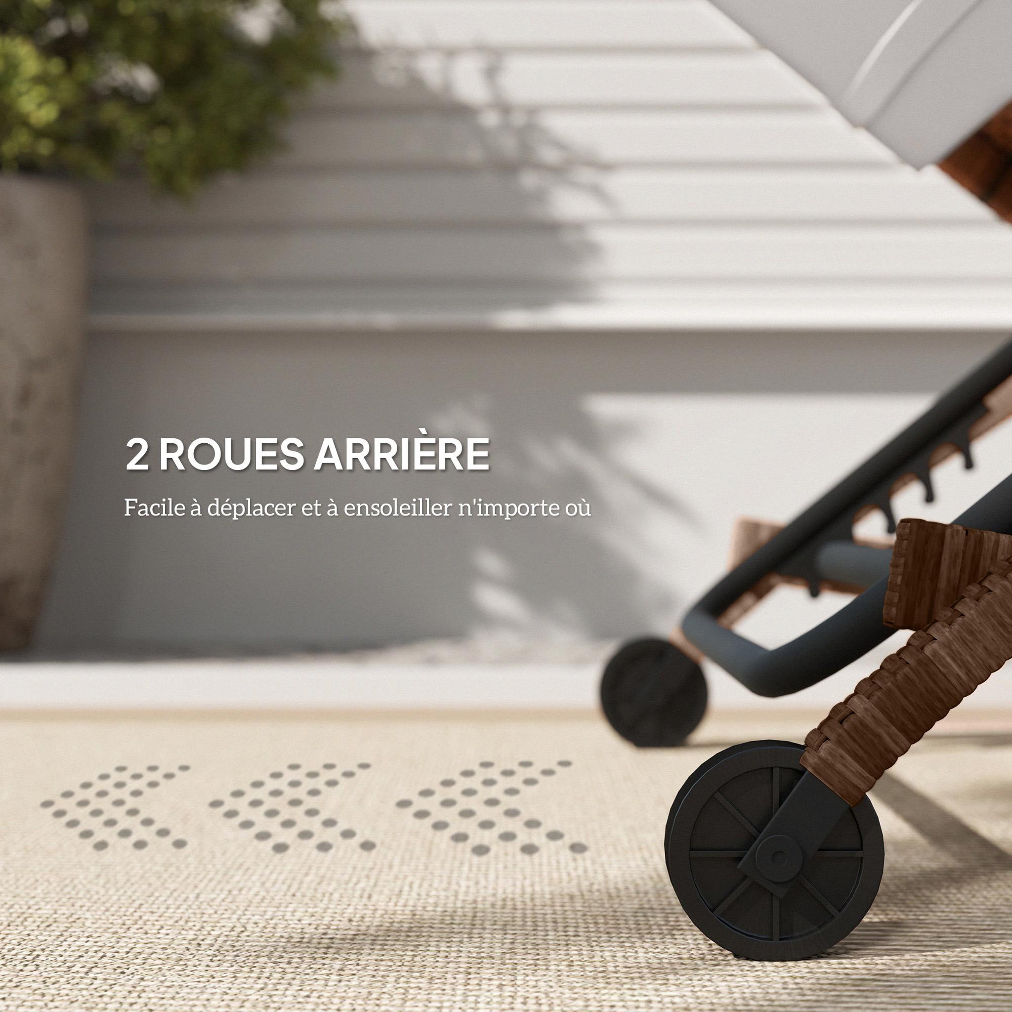 Voir la diapositive 5 : OUTSUNNY Bain de soleil transat style colonial résine tressée - inclinable, 2 roulettes, accoudoirs - matelas tétière beige