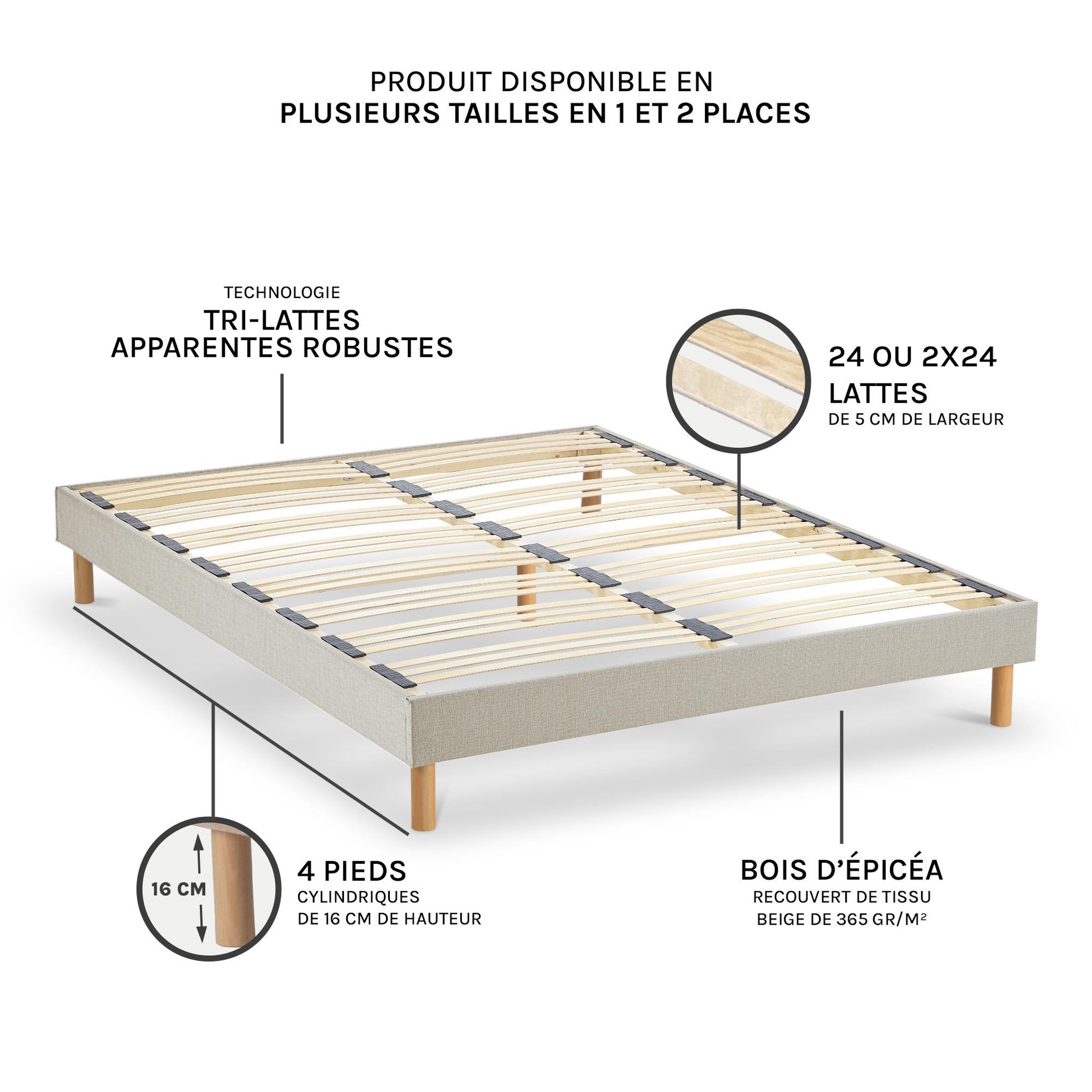 Voir la diapositive 4 : NUIT DE COTON Nuit de coton | sommier à lattes en bois lino | coloris beige | livré en kit