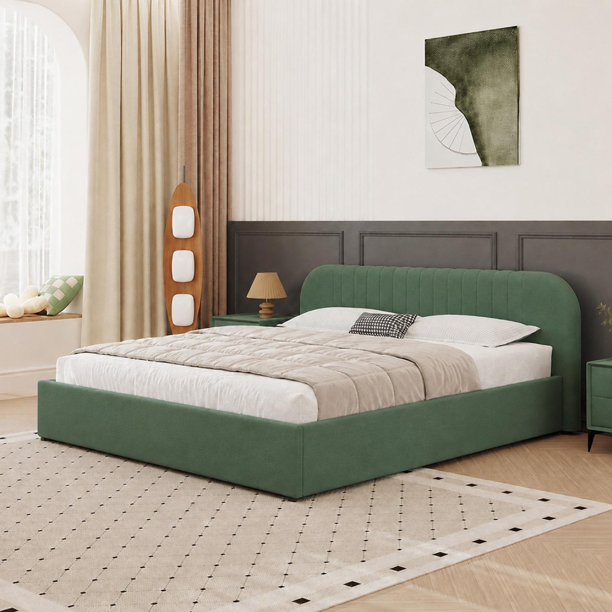 Voir la diapositive 2 : CONCEPT USINE Lit avec coffre de rangement 160x200cm en velours vert irvine