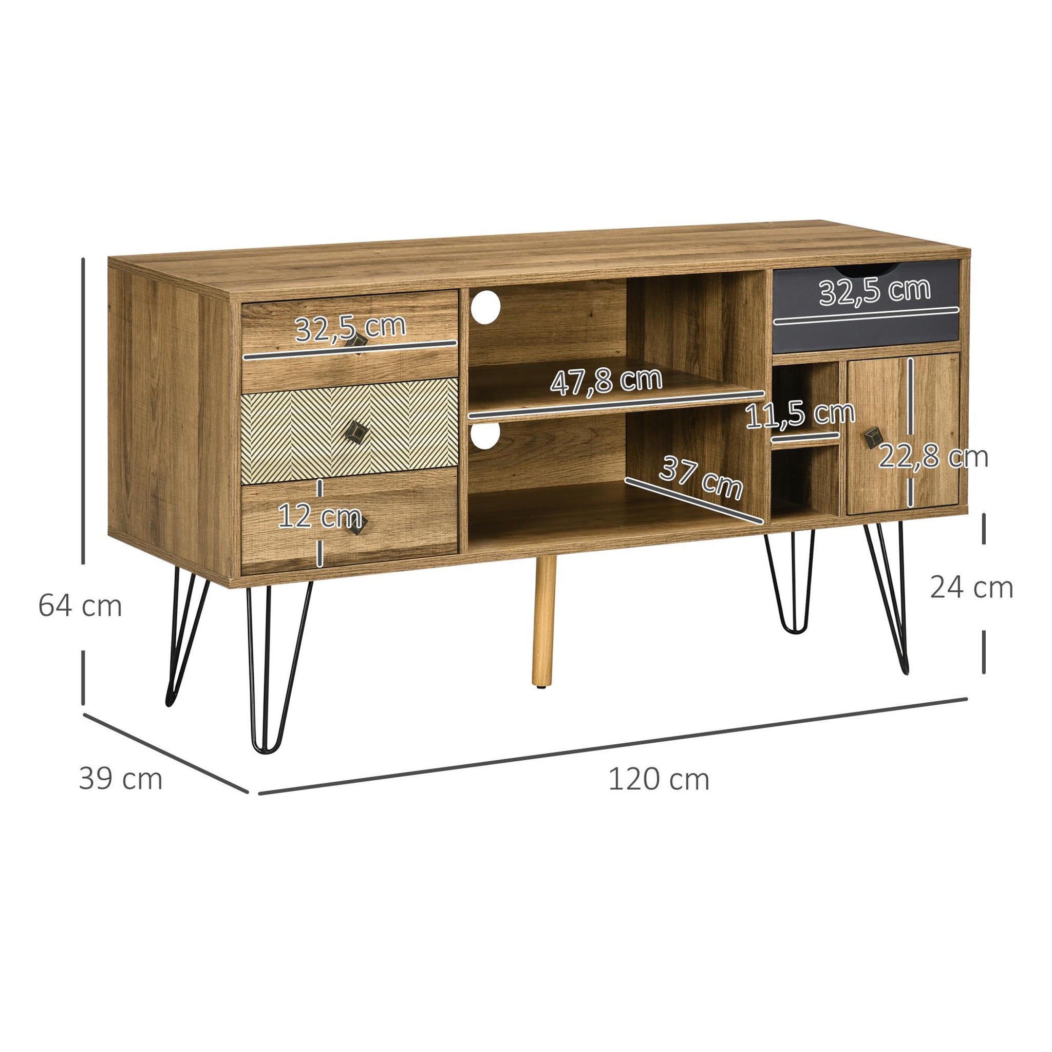 Voir la diapositive 3 : HOMCOM Meuble TV banc TV design industriel graphique - 4 tiroirs, 4 niches, porte - piètement épingle métal noir aspect bois