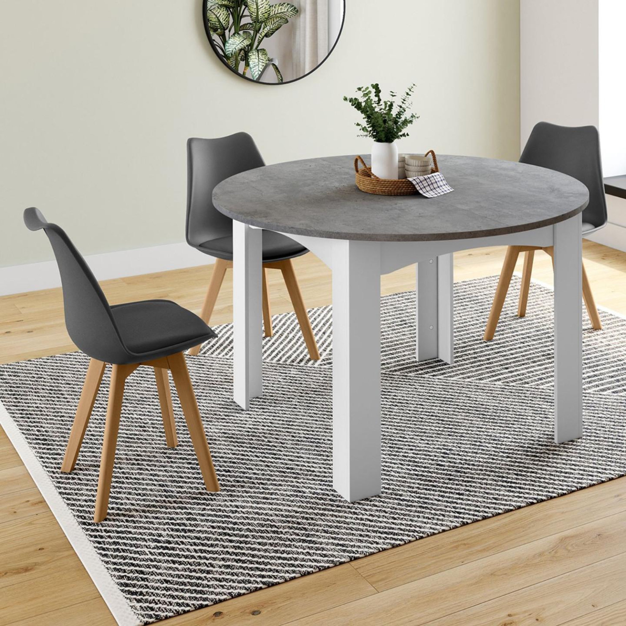 Voir la diapositive 4 : ID MARKET Table à manger extensible ronde dona 4-8 personnes blanc plateau effet béton 110-150 cm