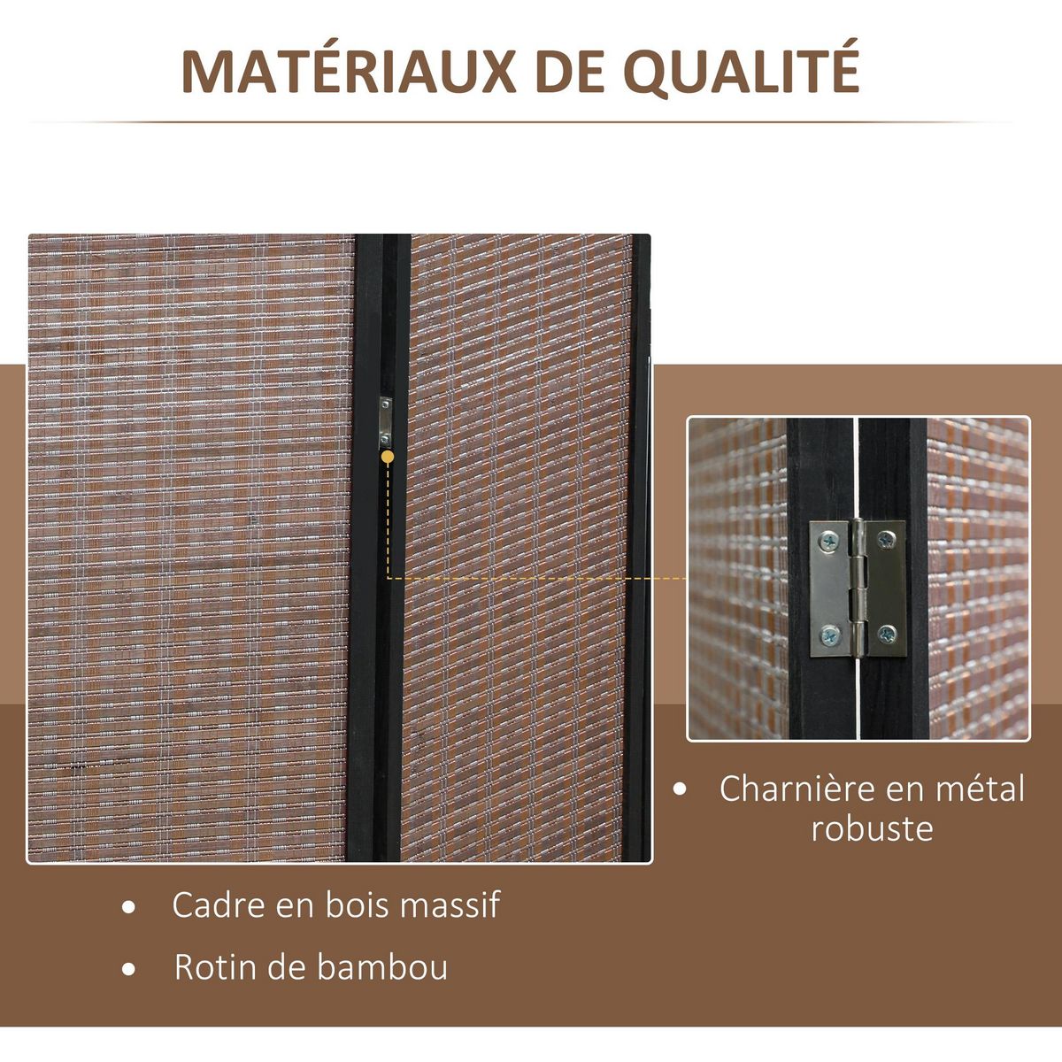 HOMCOM Paravent intérieur séparateur de pièce pliable 4 panneaux dim. 180L x 180H cm bois pin bambou coton