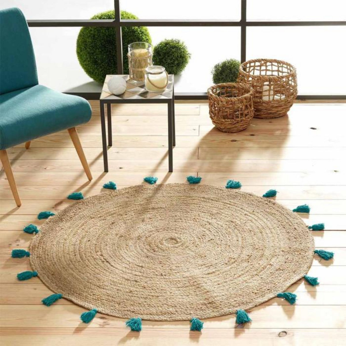 Paris Prix Tapis Déco Rond en Jute  Shira  120cm Turquoise