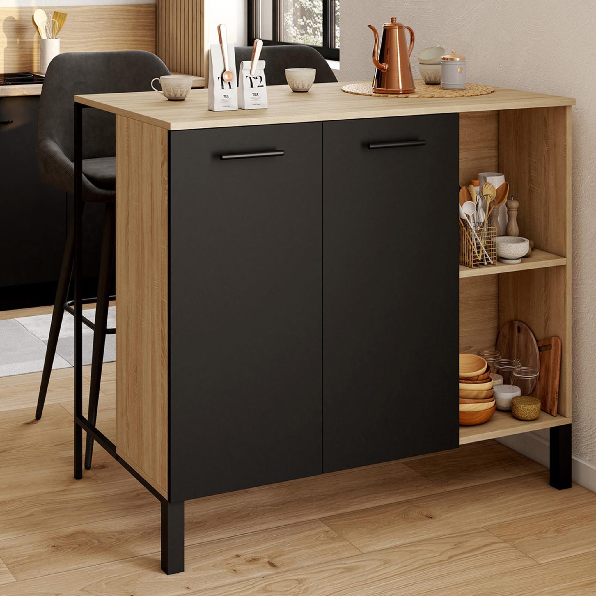 Voir la diapositive 2 : ID MARKET Table de bar îlot cina 100 cm bois noir et plateau façon hêtre