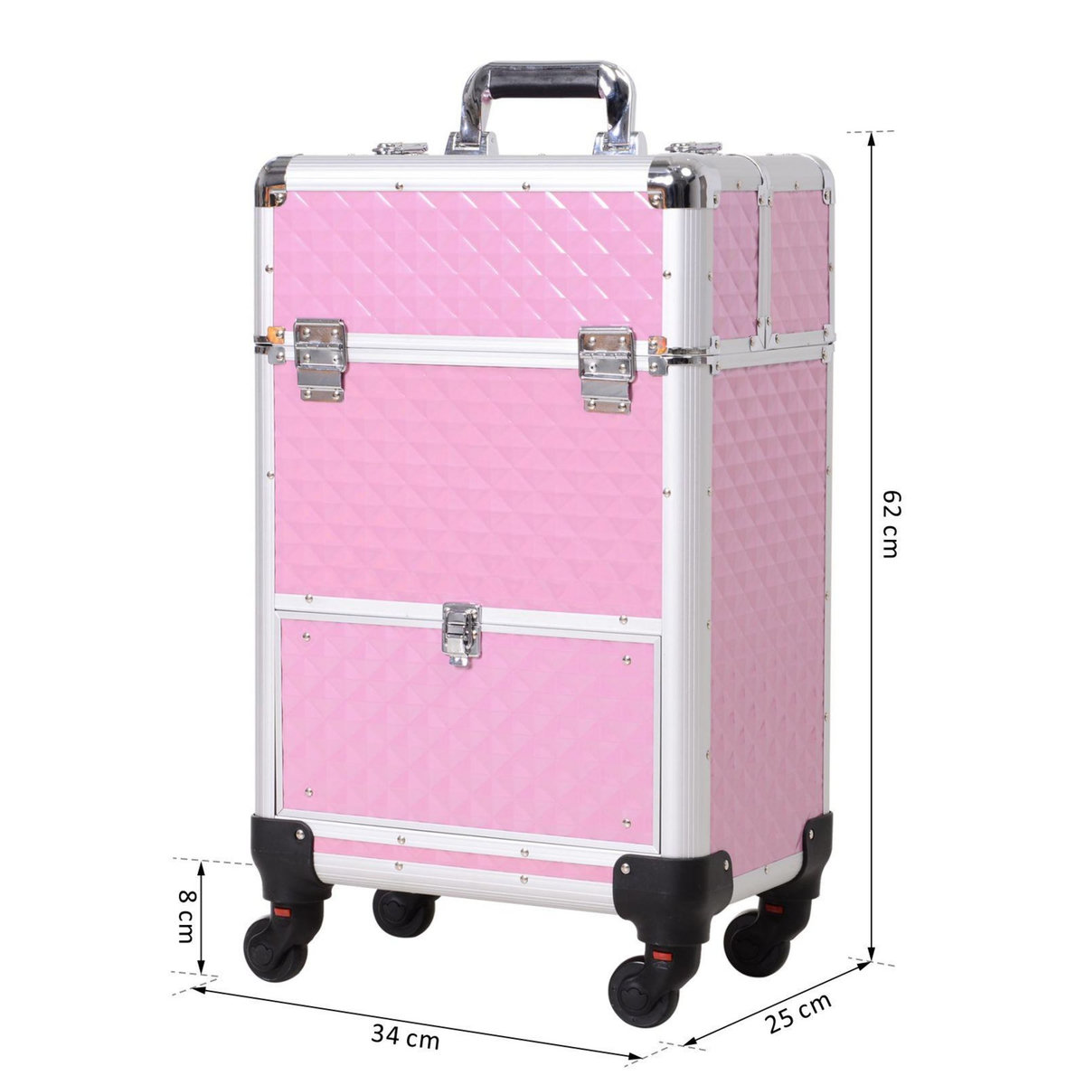 HOMCOM Valise trolley maquillage mallette cosmétique vanity poignée télescopique réglable 34L x 25l x 62H cm alu.