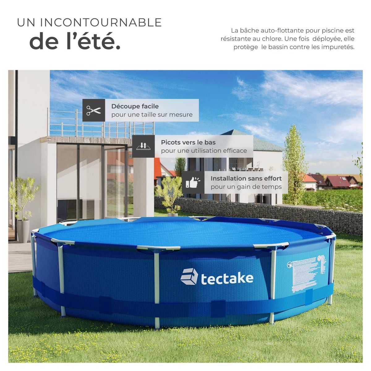 tectake Bâche de piscine Rond et Auto-flottant, léger et résistant bleu Ø 250 cm