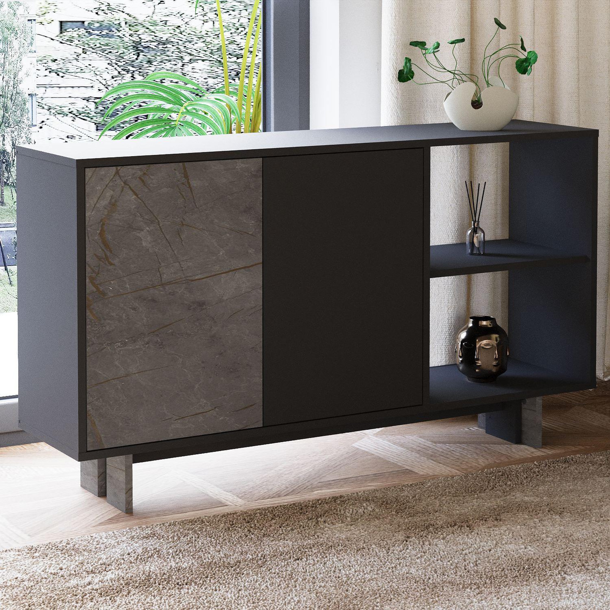 Voir la diapositive 4 : Habitat et Jardin Buffet en bois  ravello  - 140 x 35 x 80 cm - gris anthracite marbré
