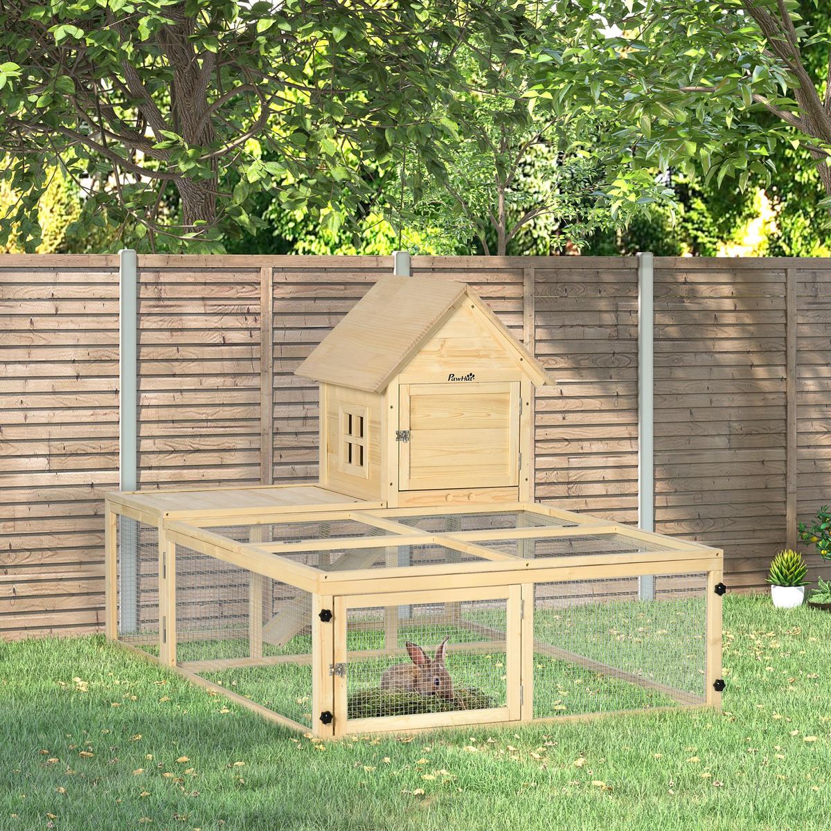 PAWHUT Clapier enclos cage à lapin 2 niveaux dim. 151L x 106l x 97H cm - aire de jeu, rampe, portes verouillables - bois sapin