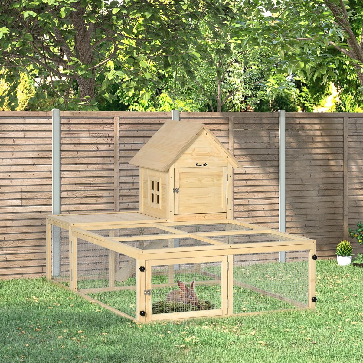 PAWHUT Clapier enclos cage à lapin 2 niveaux dim. 151L x 106l x 97H cm - aire de jeu, rampe, portes verouillables - bois sapin