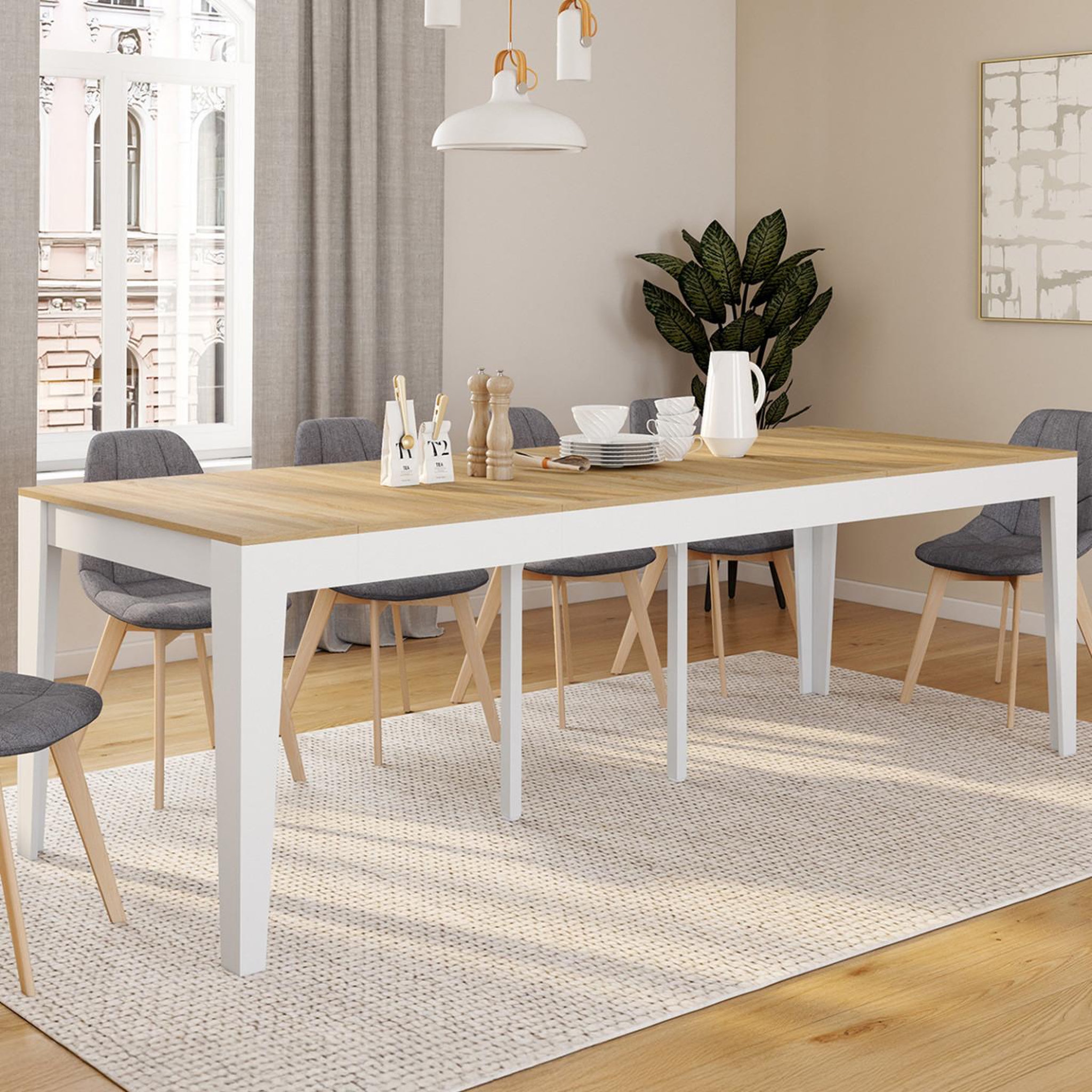 Voir la diapositive 2 : ID MARKET Table console extensible michel 10 personnes 235 cm bois façon hêtre et blanc