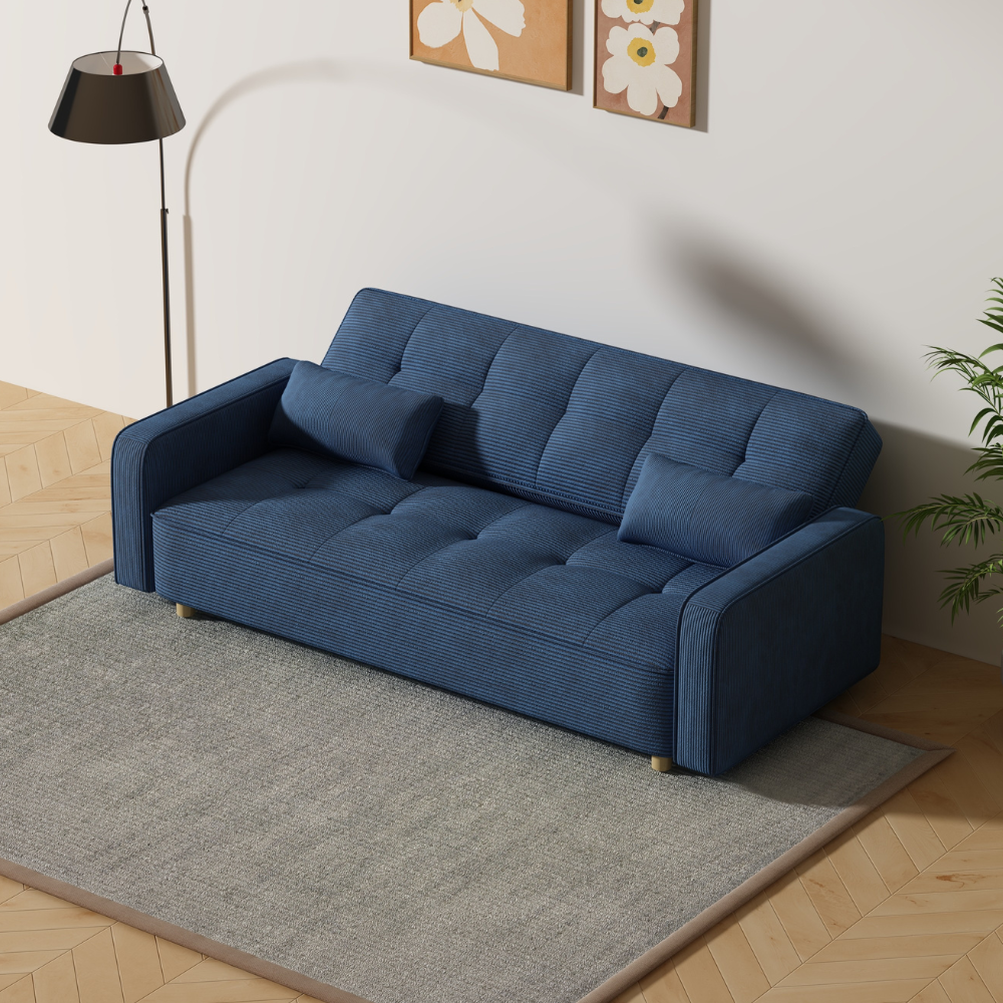 Voir la diapositive 5 : CONCEPT USINE Canapé scandinave convertible 3 places en velours côtelé bleu copenhague