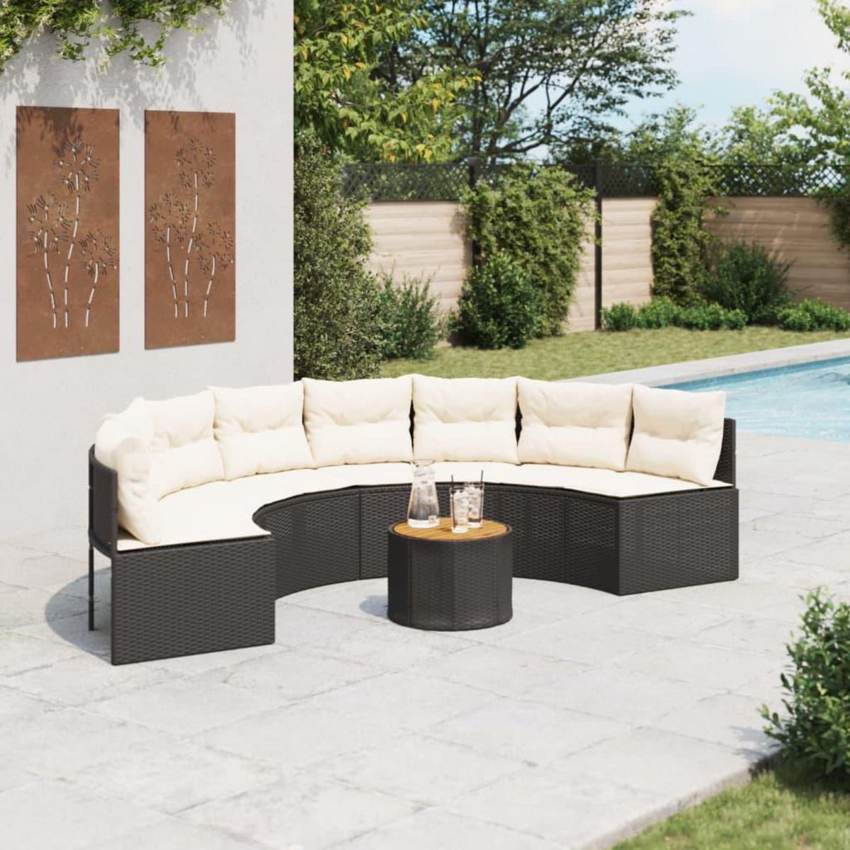 VIDAXL Canape de jardin table coussins demi-rond noir resine tressee