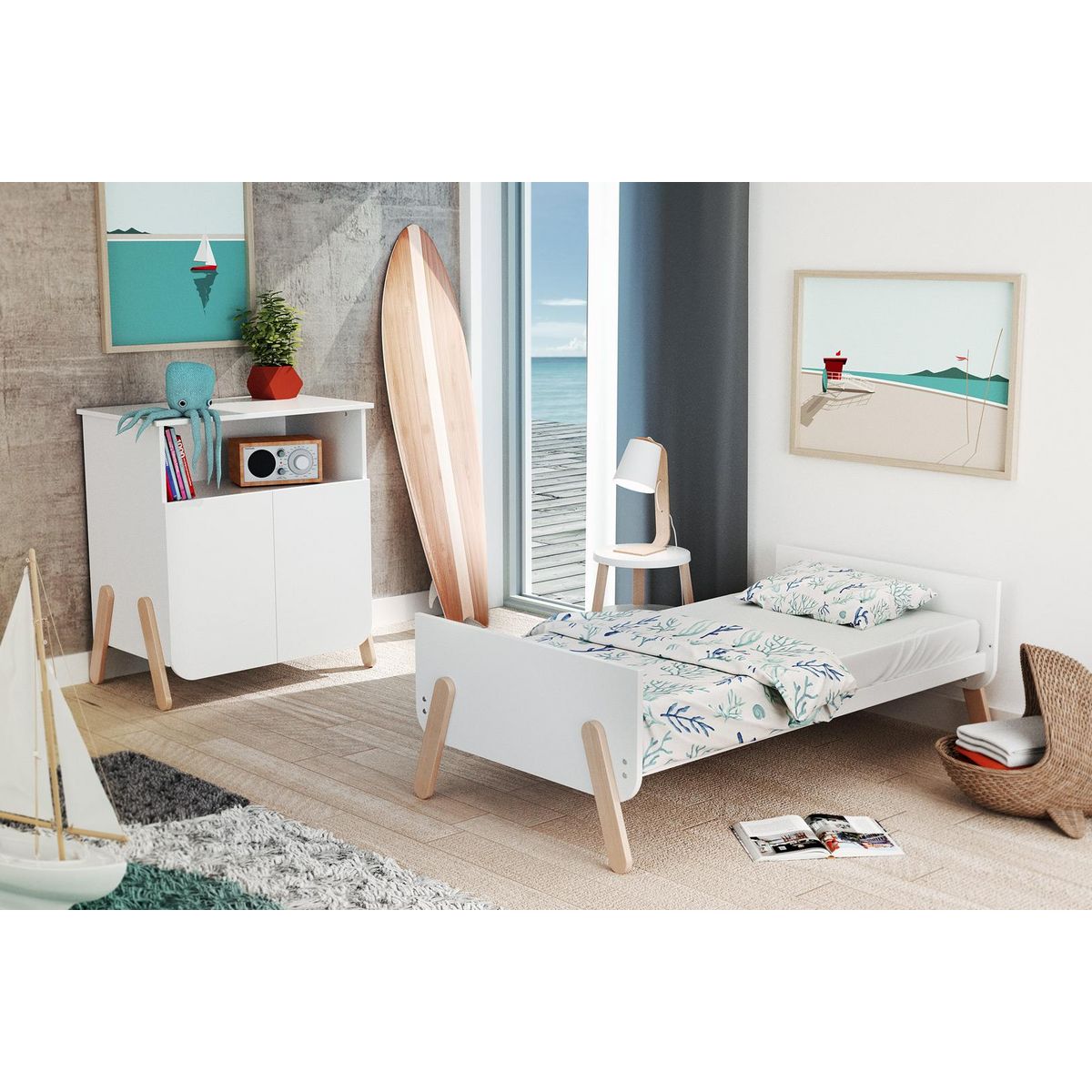 AT4 Lit bébé évolutif en bois PIRATE Blanc et Hêtre Verni 70 x 140 cm