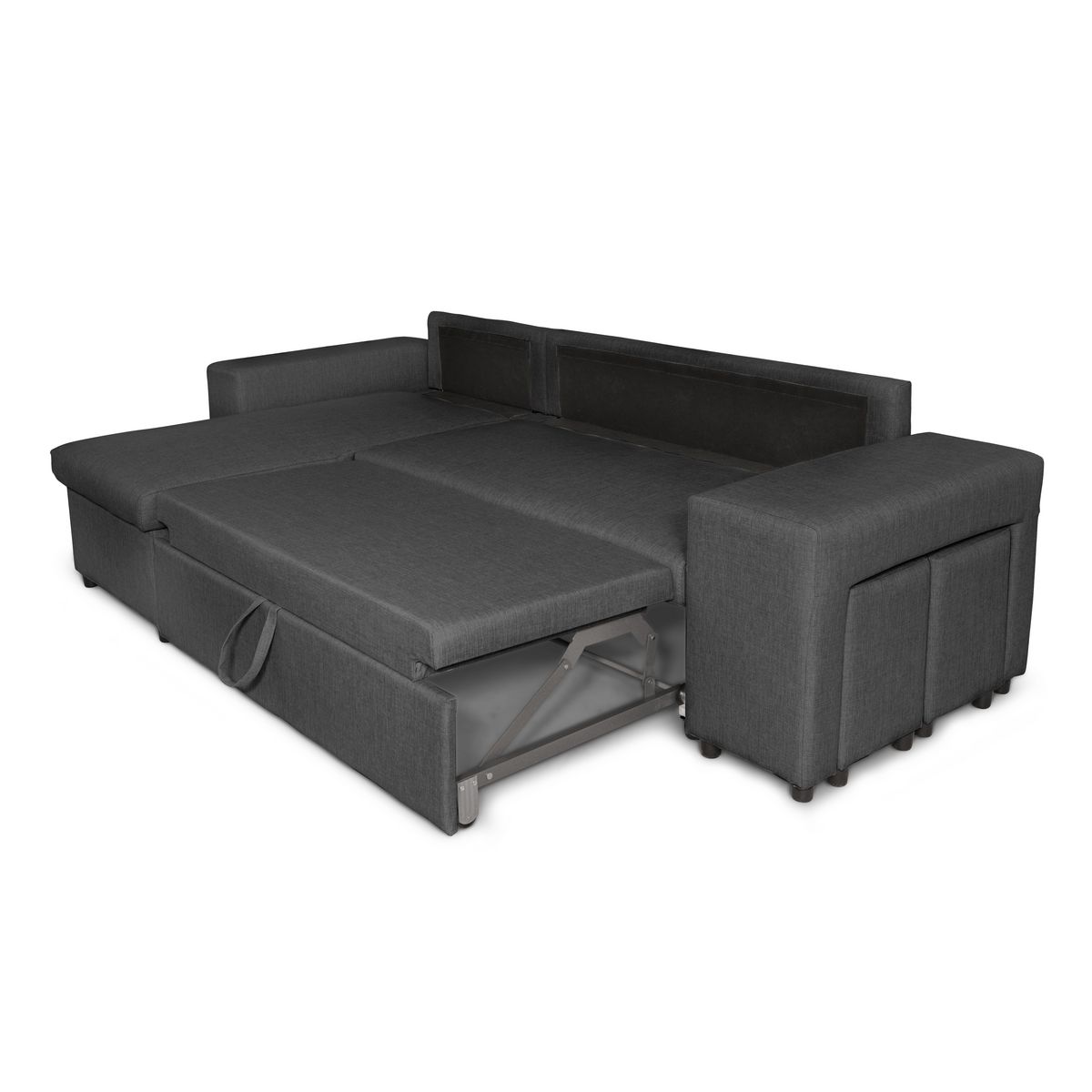 Canapé d'angle convertible avec coffre 3 places + 2 poufs à droite et étagère à gauche MACHA