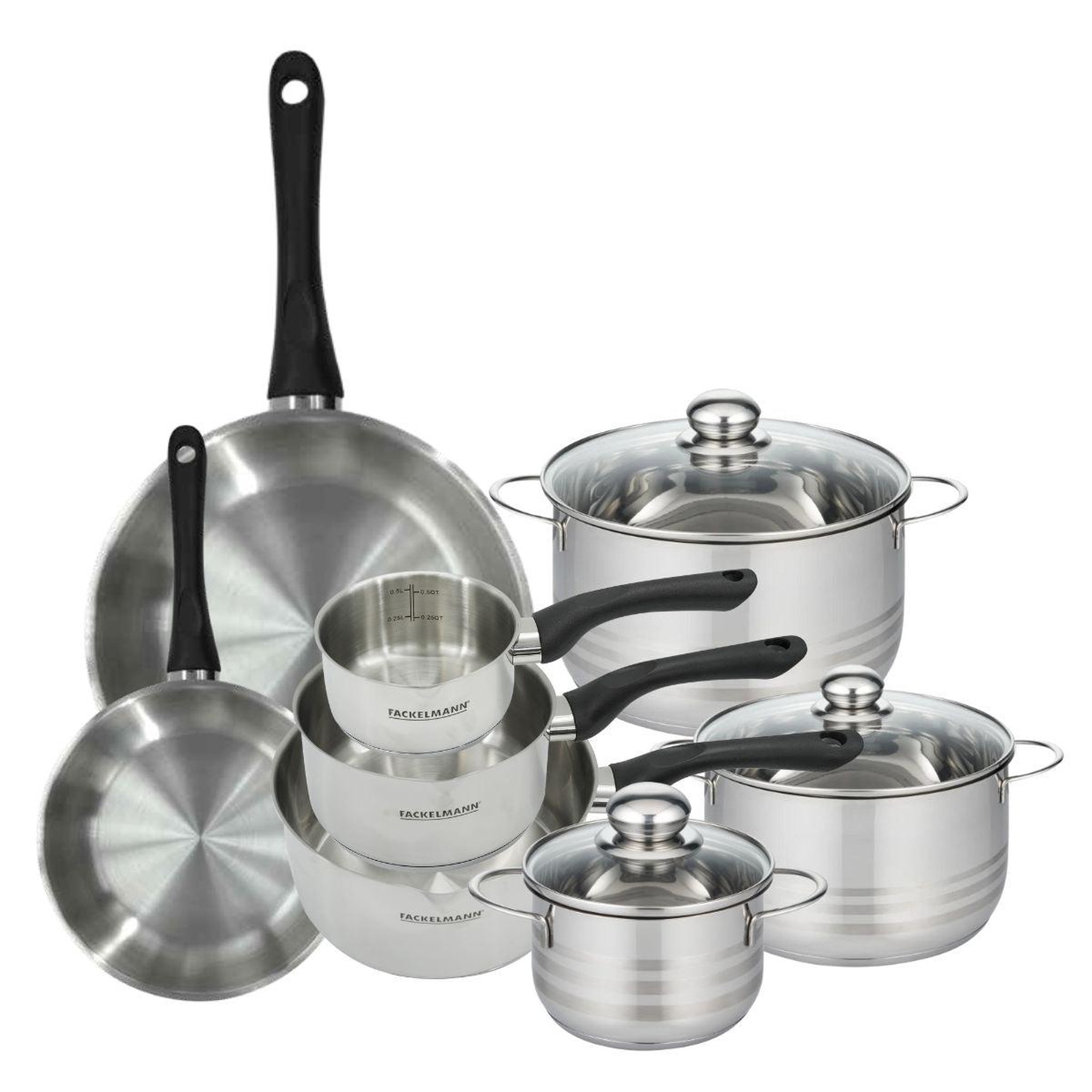 Fackelmann Batterie de cuisine avec 2 poêles 20/28 cm 3 casseroles 12/16/20 cm et 3 faitouts 16/20/24 cm en inox sans pfas fackelmann généva brillant