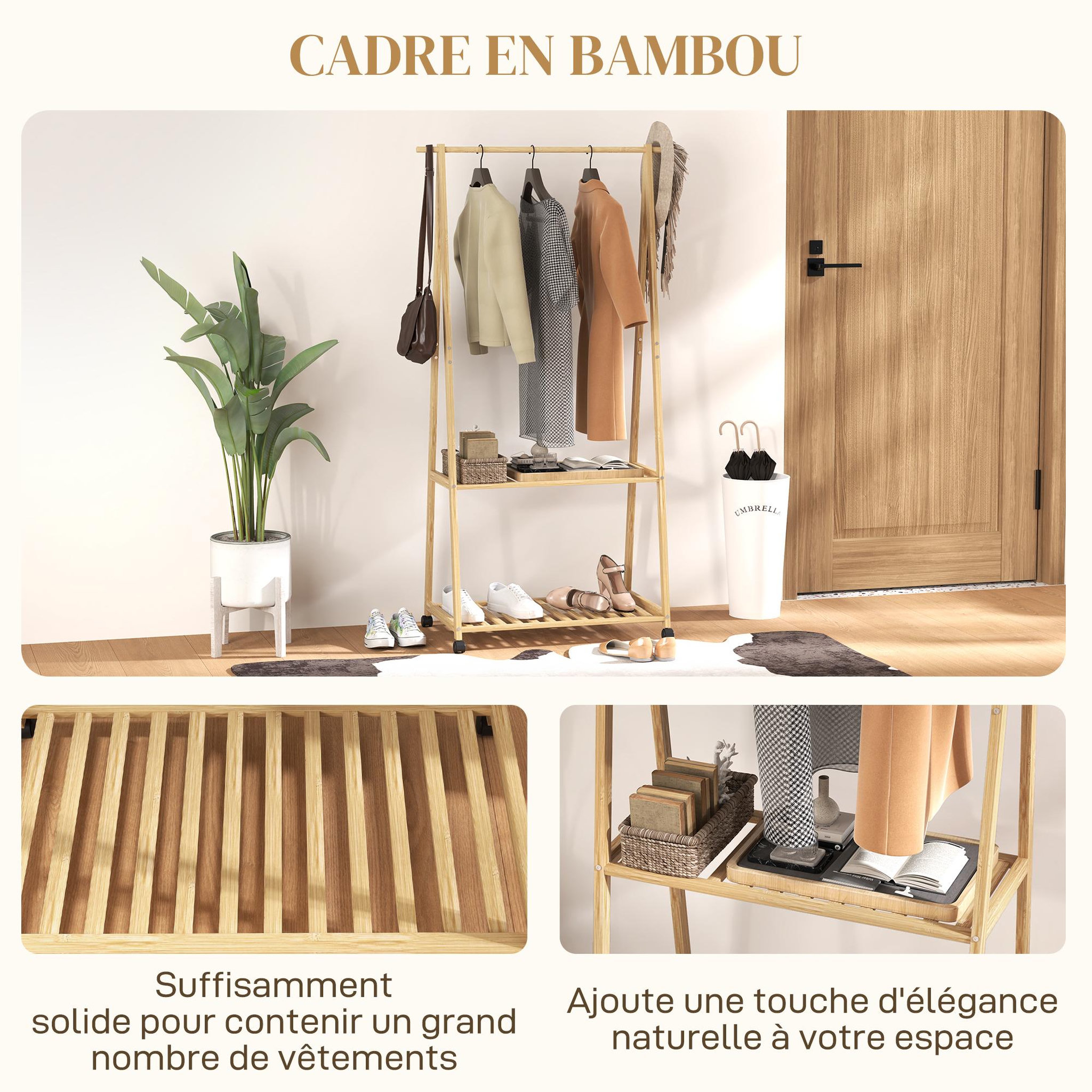 Voir la diapositive 6 : HOMCOM Portant penderie à vêtements en bambou mobile 4 roulettes 2 étagères dim. 84,5l x 43,5l x 158h cm