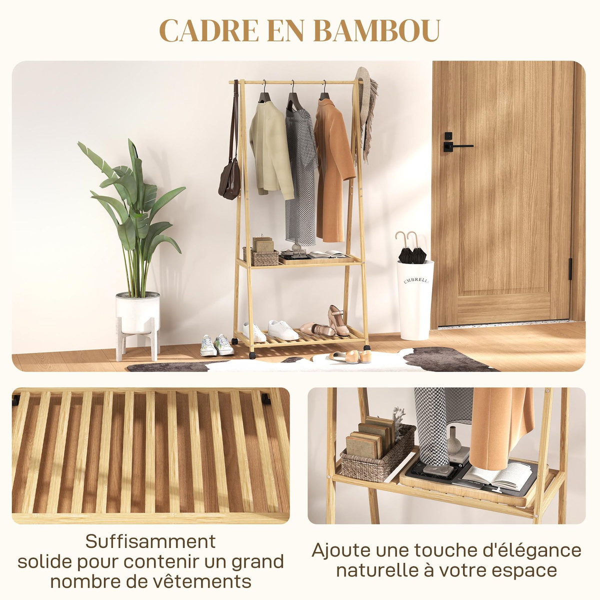 HOMCOM Portant penderie à vêtements en bambou mobile 4 roulettes 2 étagères dim. 84,5L x 43,5l x 158H cm