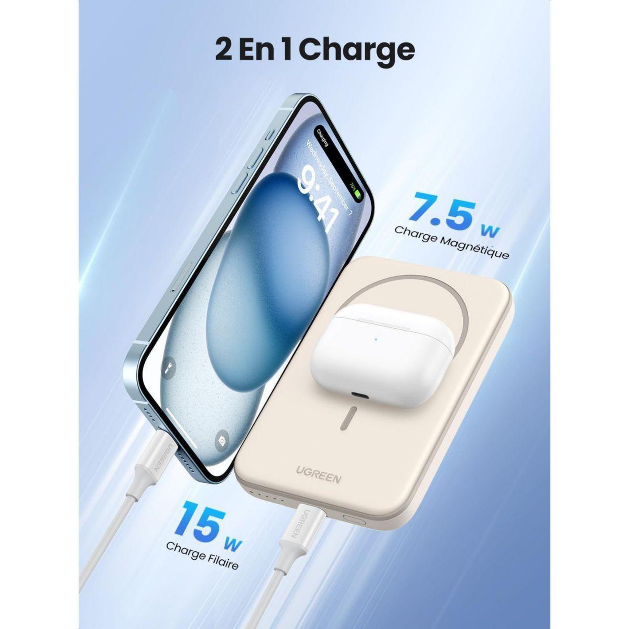 Voir la diapositive 4 : UGREEN Batterie externe MagSafe 5000mAh Crème