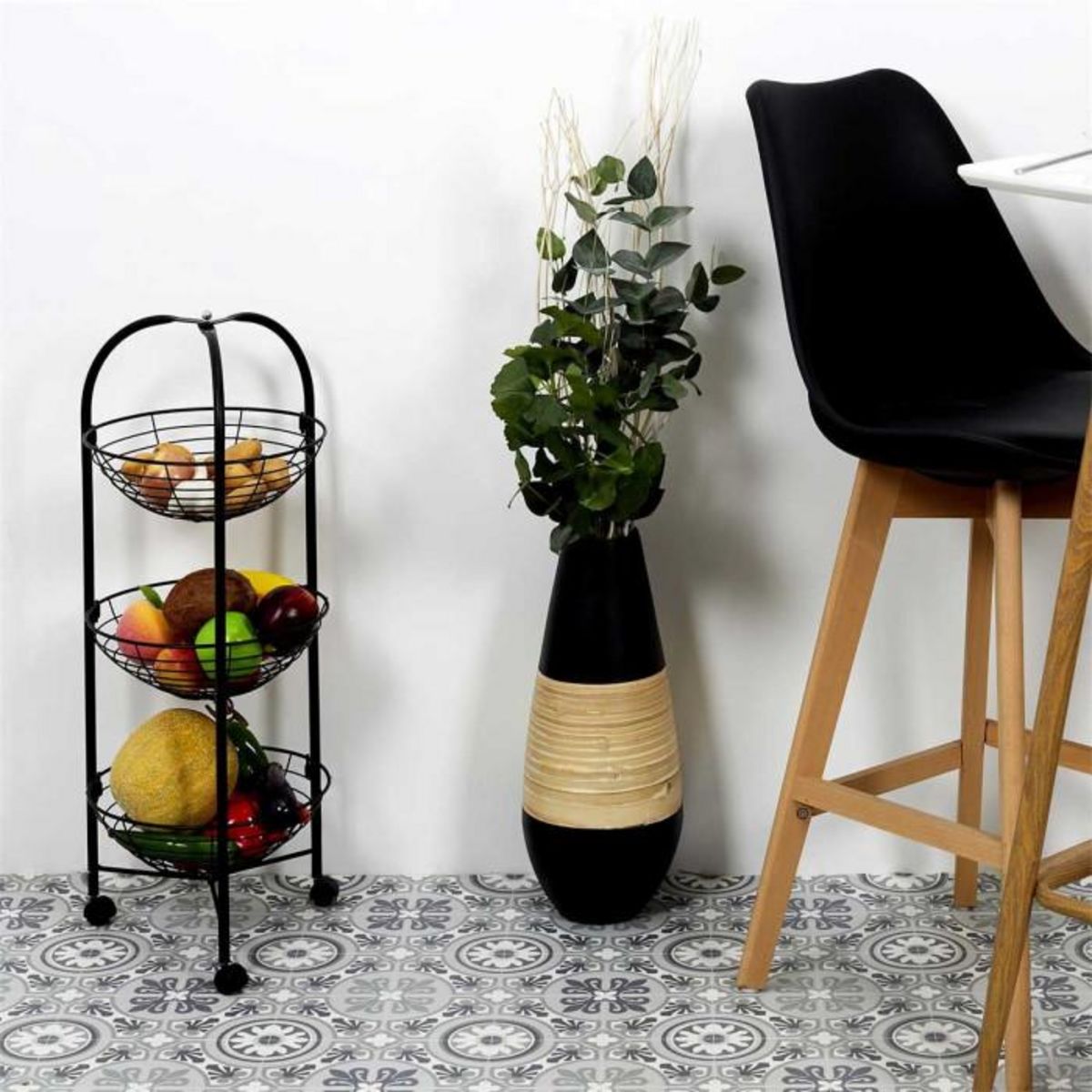 Paris Prix Desserte de Cuisine Ronde  3 Niveaux  75cm Noir