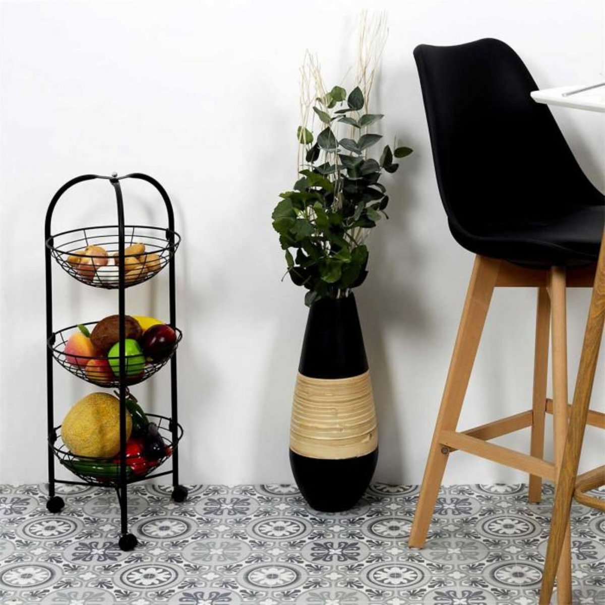 Paris Prix Desserte de Cuisine Ronde  3 Niveaux  75cm Noir