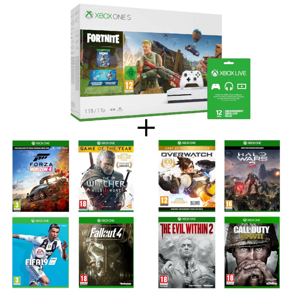 Console Xbox One S Fortnite + FIFA 19 + Forza Horizon 4 + Fallout 4 + The Witcher 3 + The Evil Within 2 + Call Of Duty WWII + Halo Wars 2 + Overwatch GOTY + Abonnement Live 1 an