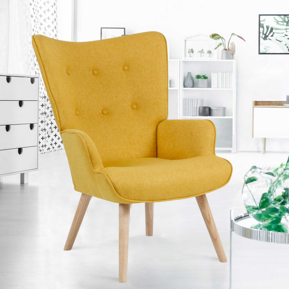ID MARKET Fauteuil scandinave IVAR en tissu jaune