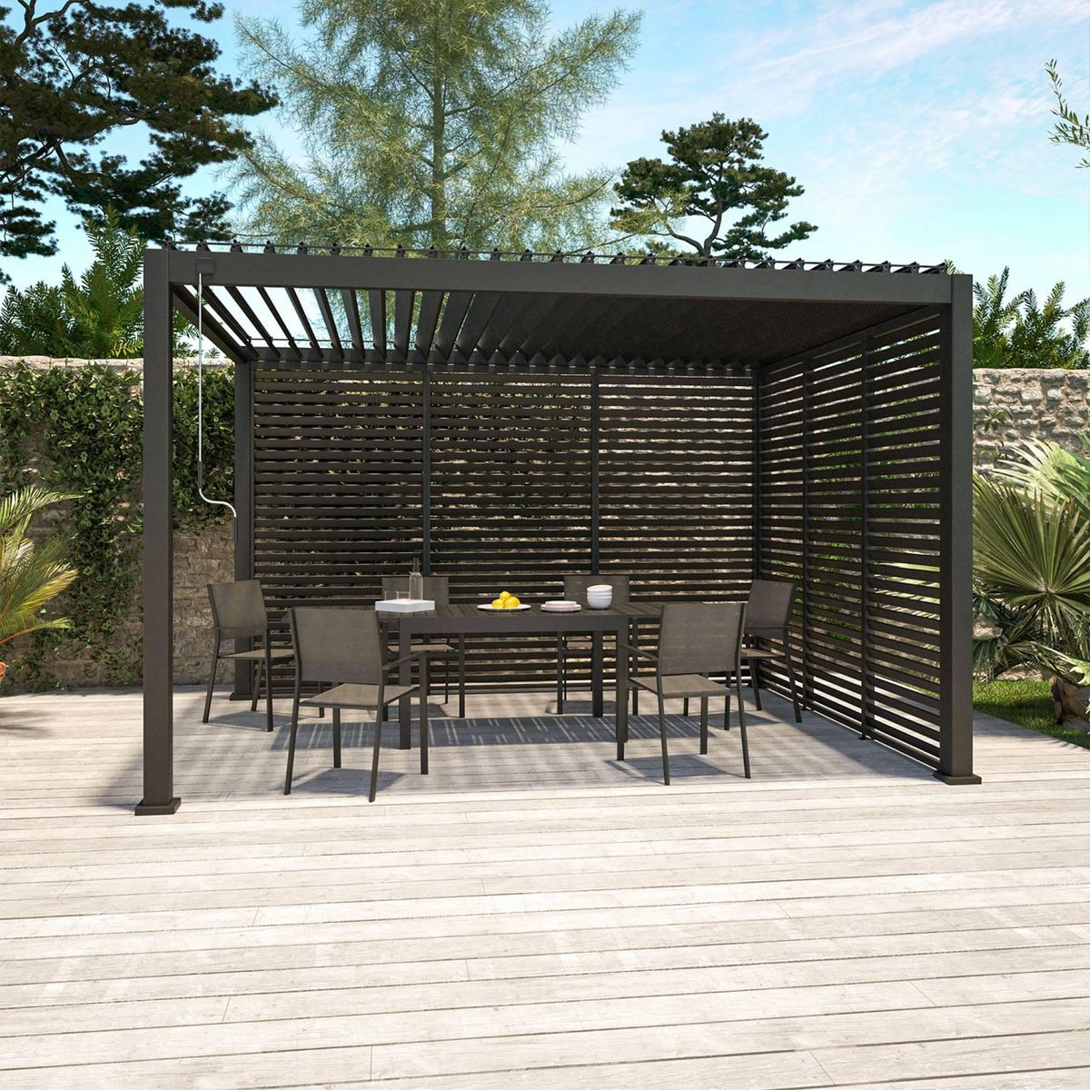 SWEEEK Pergola bioclimatique Triomphe 3x4 + 3 persiennes 130cm pour le côté de 4m. panneau brise vue. L 400 x P 300 x H 250 cm