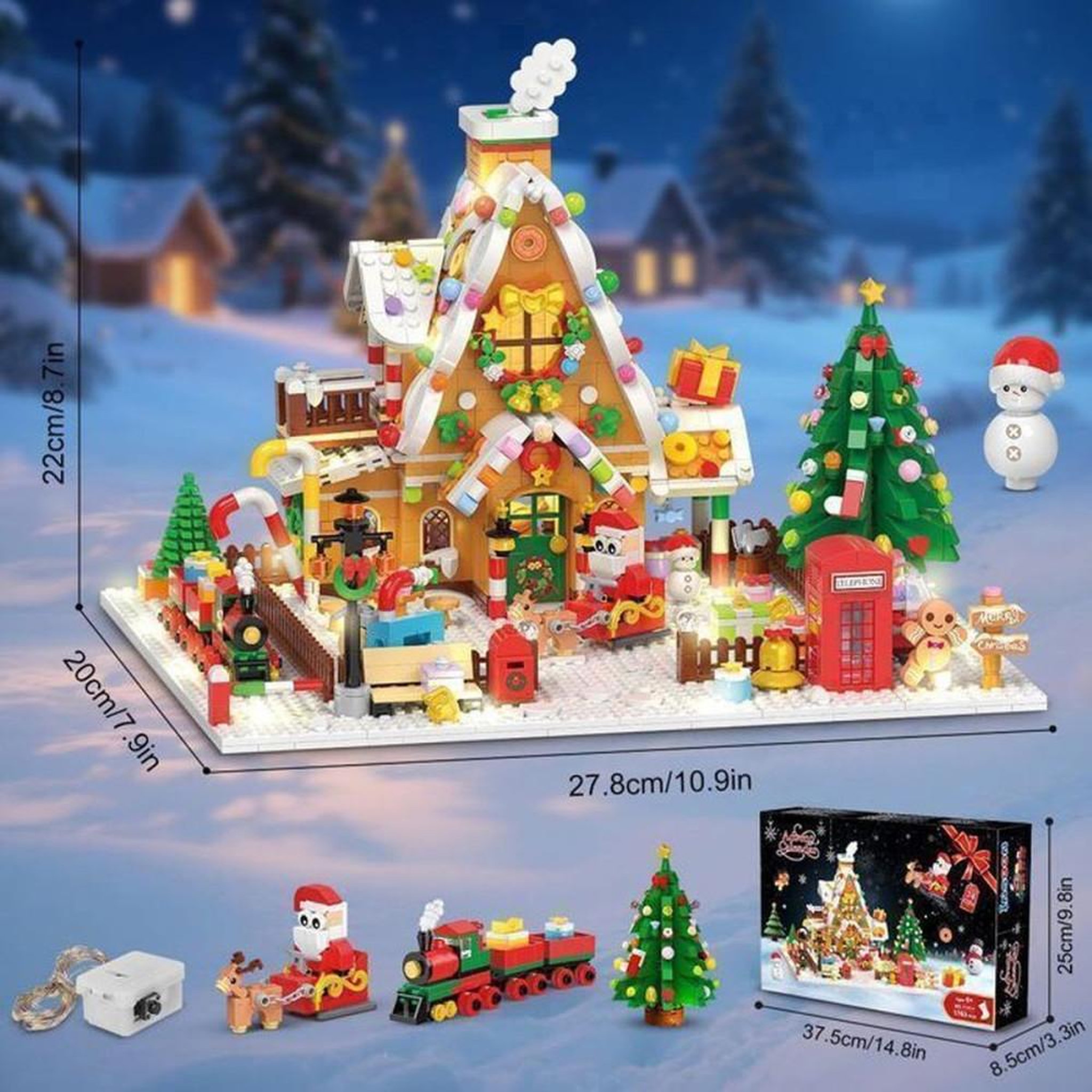 Voir la diapositive 2 : Calendrier de l'Avent blocs de construction maison pain d'épices avec LED 24 jours