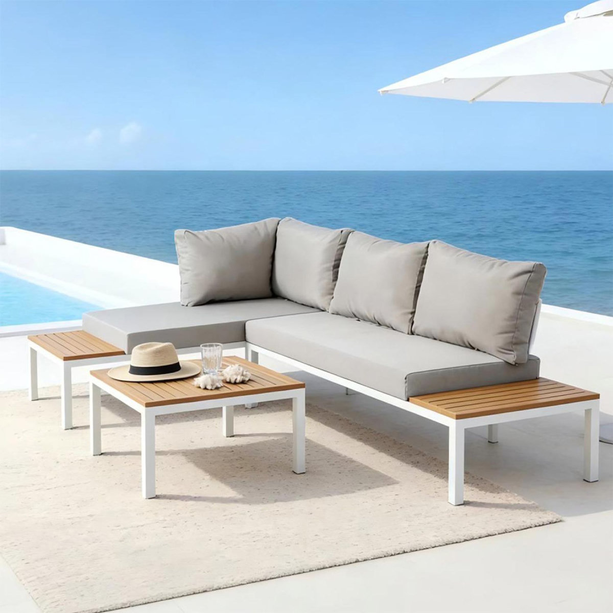 CONCEPT USINE Salon de jardin 3-4 places avec table basse blanc et gris MAJURO