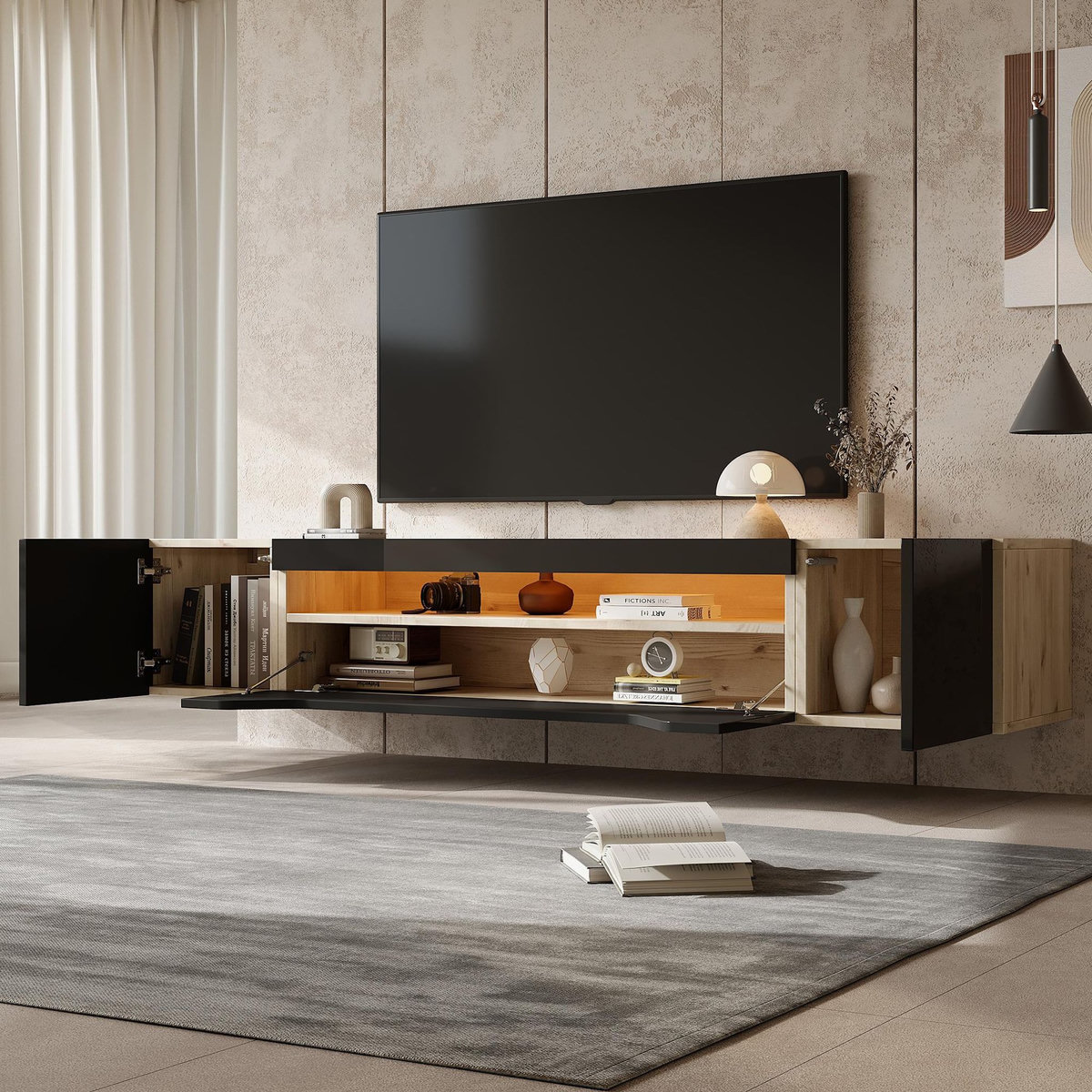 MERAX Meuble tv naturel+noir 180cm led panneau de particules